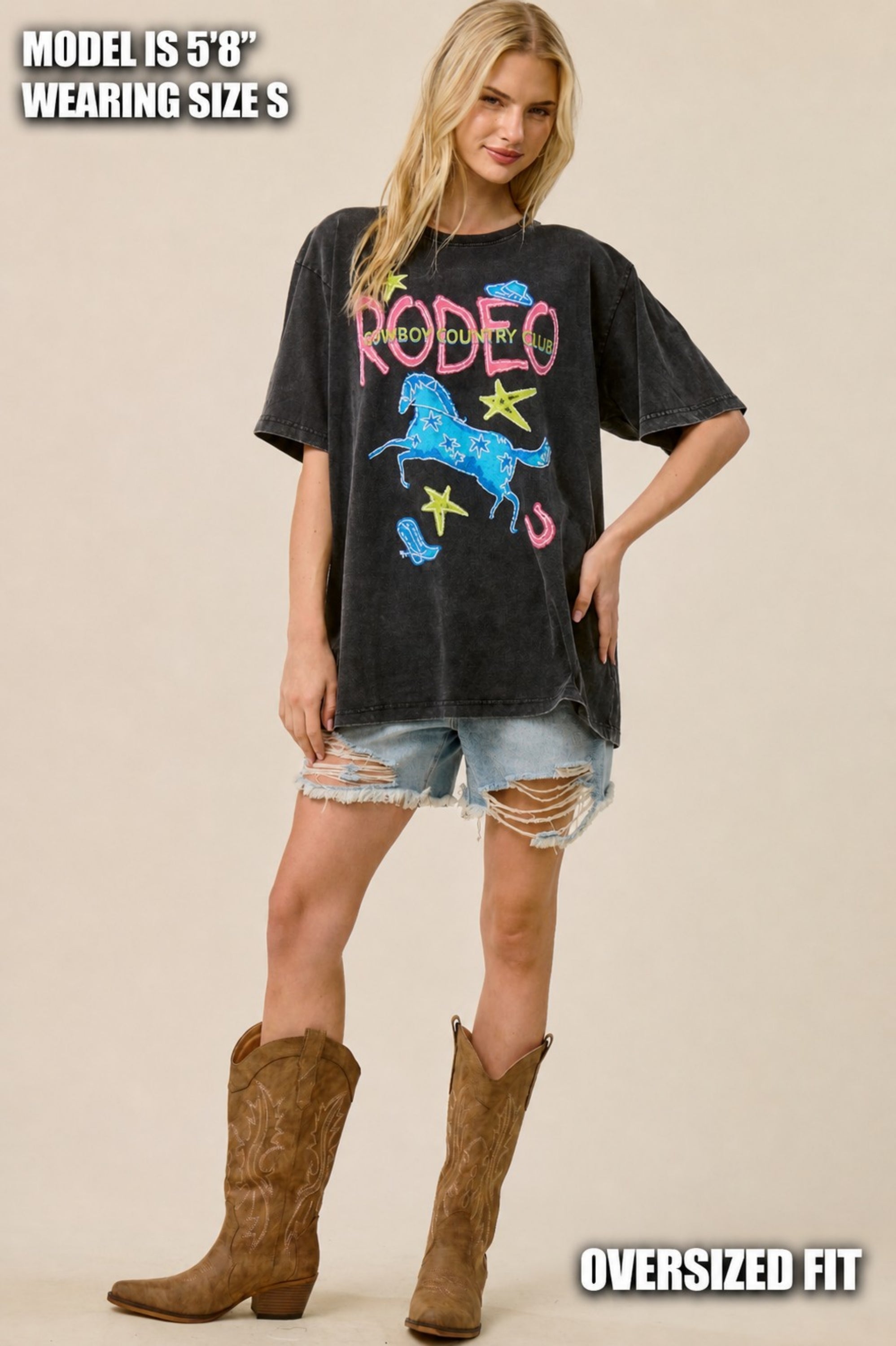 FORYERI Vintage Rodeo Graphic Oversized Tee for Women – Cowboy Country Club Print, Washed Black, Relaxed Loose Fit T-Shirt