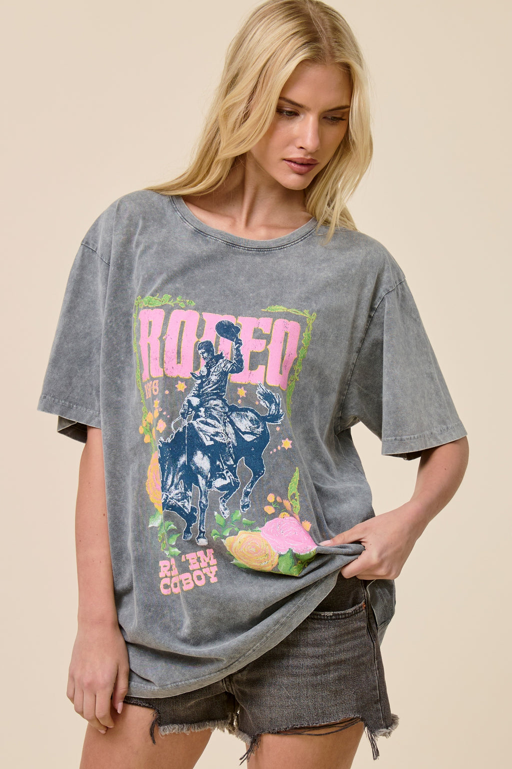 FORYERI Vintage Rodeo Graphic Tee for Women, Washed Navy Western Cowboy T-Shirt, Relaxed Fit Casual Streetwear Top