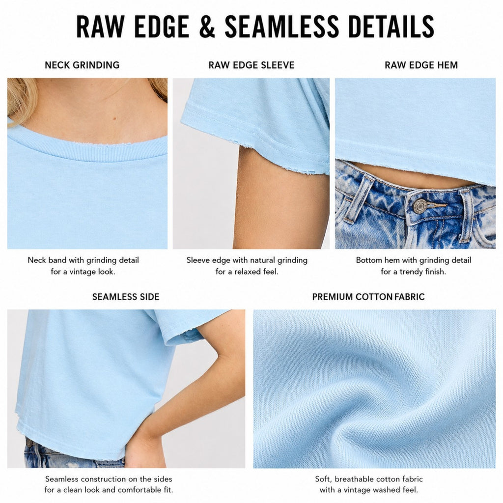 FORYERI Womens Raw Edge Crop Tee, Vintage Washed Cotton T Shirt, Grinding Detail Neck & Hem, Seamless Everyday Basic Top