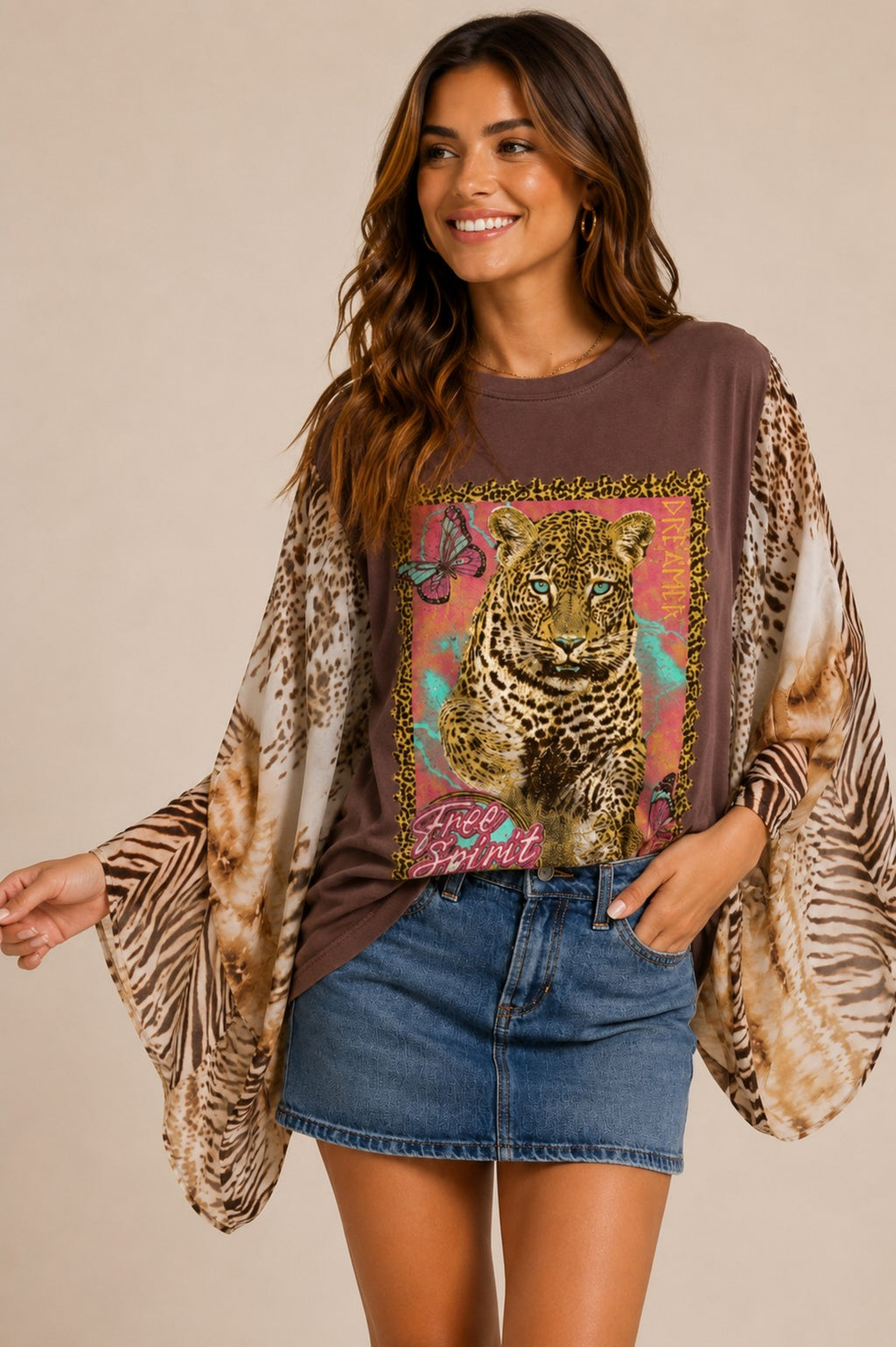 Womens Boho Leopard Kimono Sleeve Graphic Top Oversized Animal Print Poncho Tunic Loose Fit Blouse