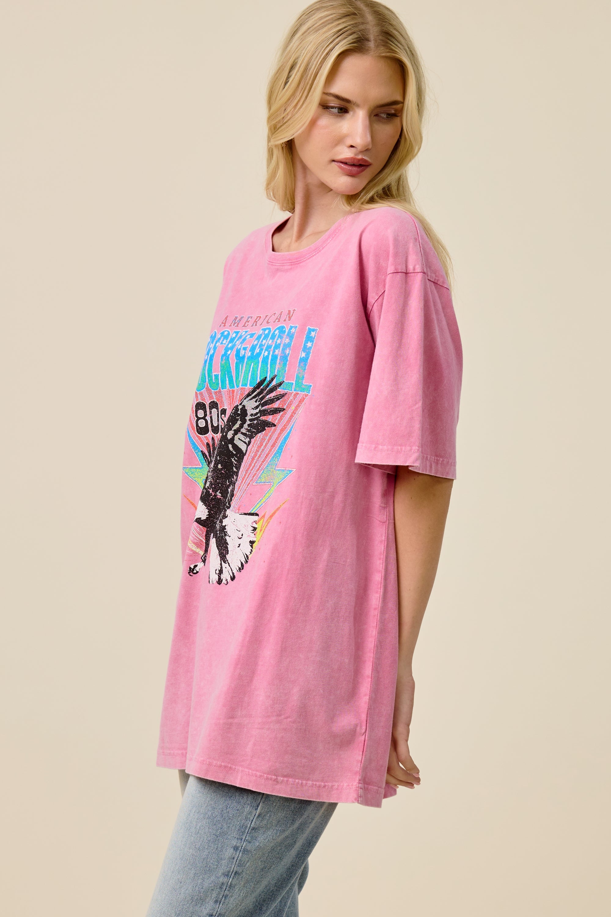 FORYERI Vintage Rock & Roll Graphic Oversized Tee for Women – American 80s Eagle Print, Washed Pink, Relaxed Loose Fit T-Shirt