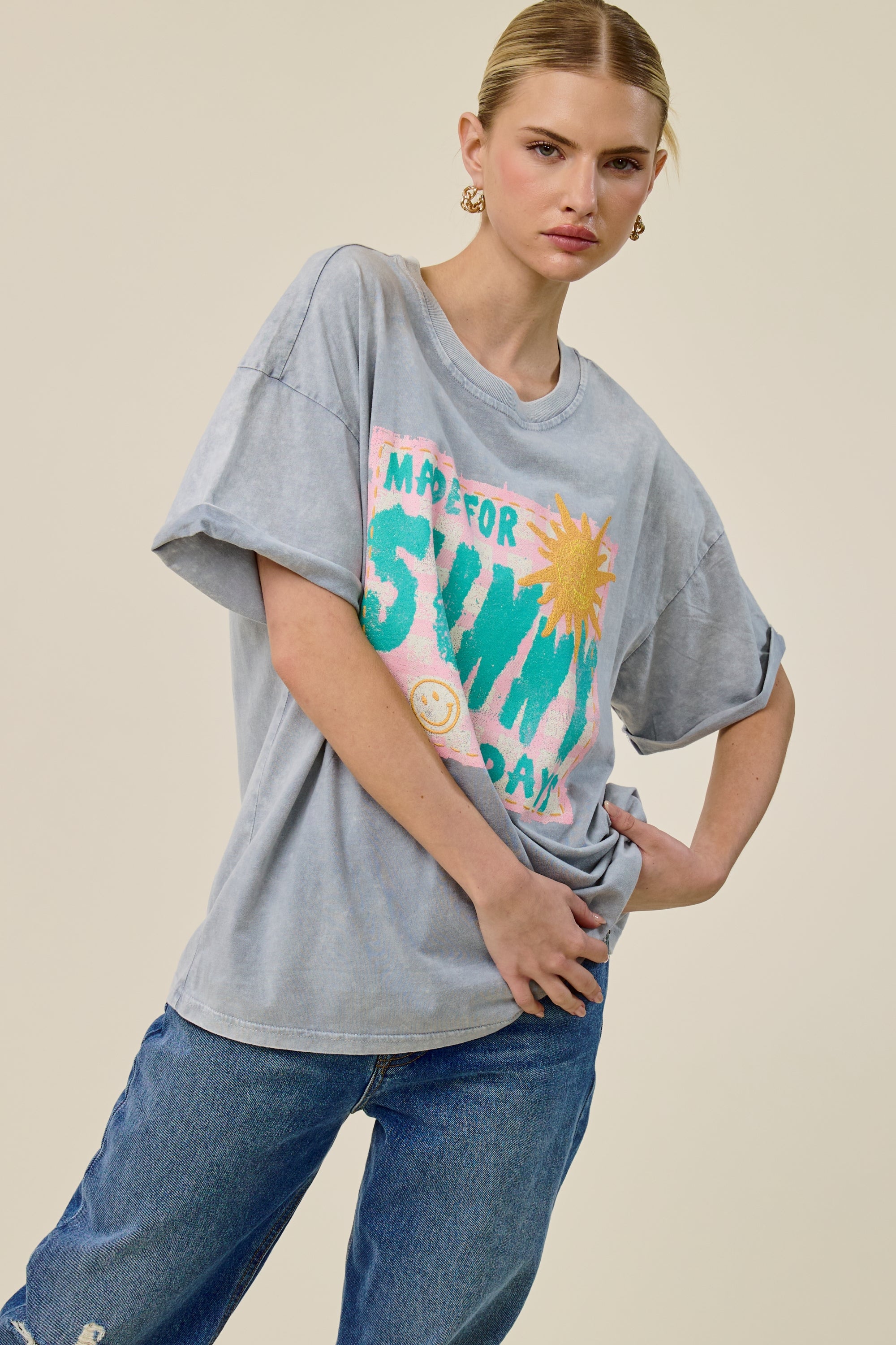 Made for Sunny Days Oversized Graphic Tee for Women – Vintage Mineral Washed Summer T-Shirt