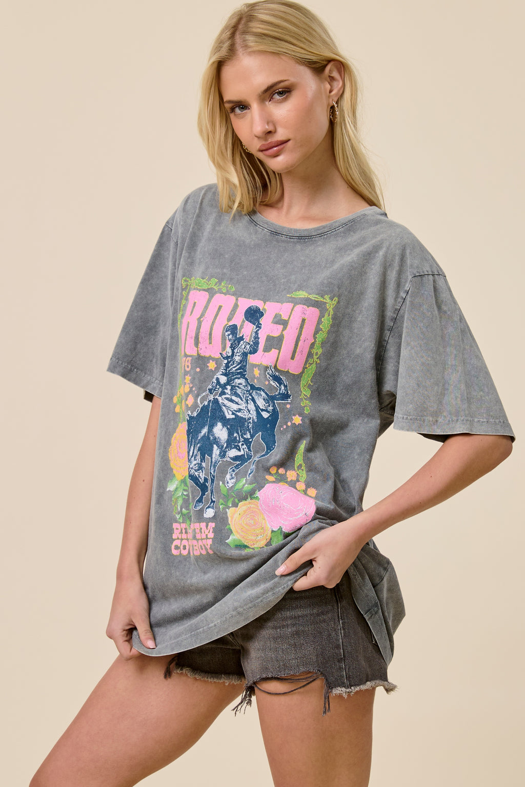 FORYERI Vintage Rodeo Graphic Tee for Women, Washed Navy Western Cowboy T-Shirt, Relaxed Fit Casual Streetwear Top