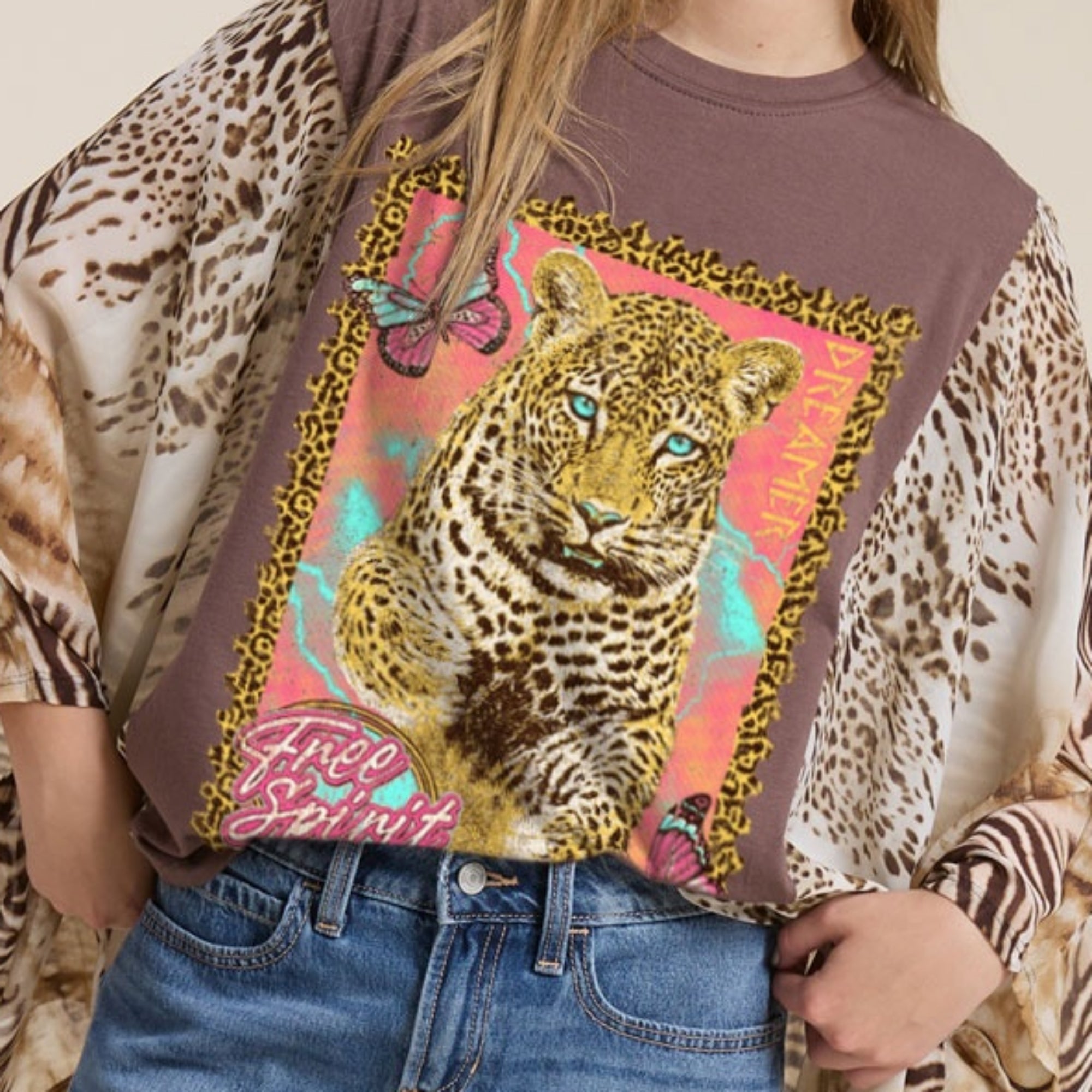 Womens Boho Leopard Kimono Sleeve Graphic Top Oversized Animal Print Poncho Tunic Loose Fit Blouse