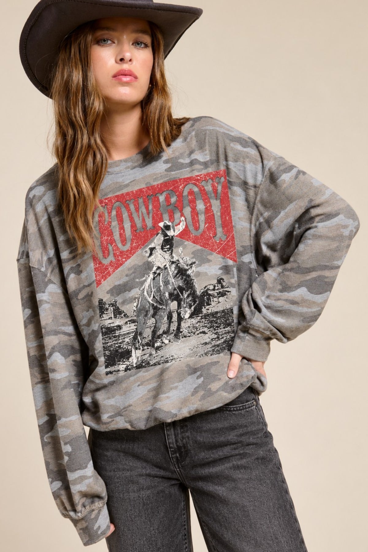 Women’s Western Graphic Sweatshirt – Cowboy Camo or Leopard Print French Terry Pullover