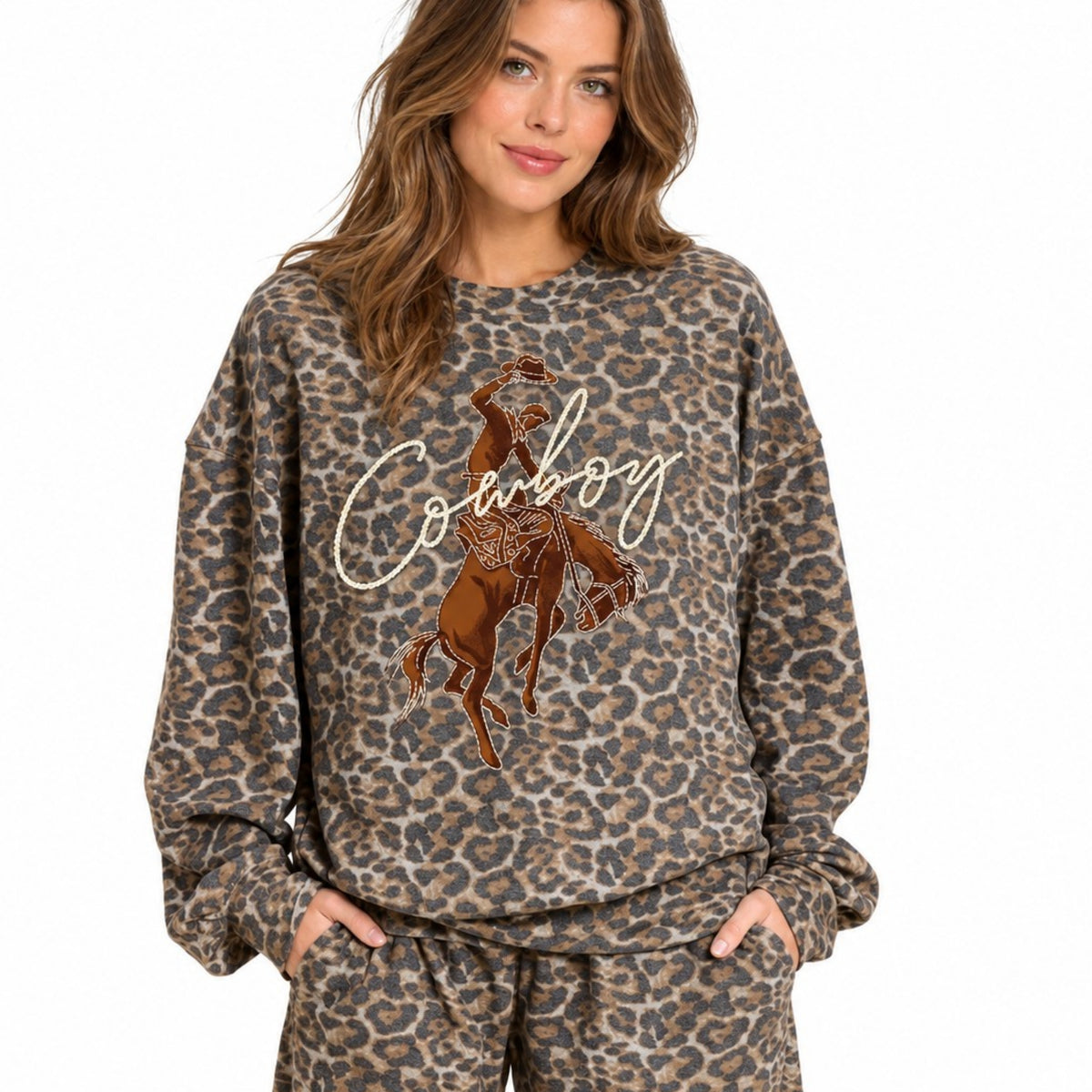Women’s Western Graphic Sweatshirt – Cowboy Camo or Leopard Print French Terry Pullover