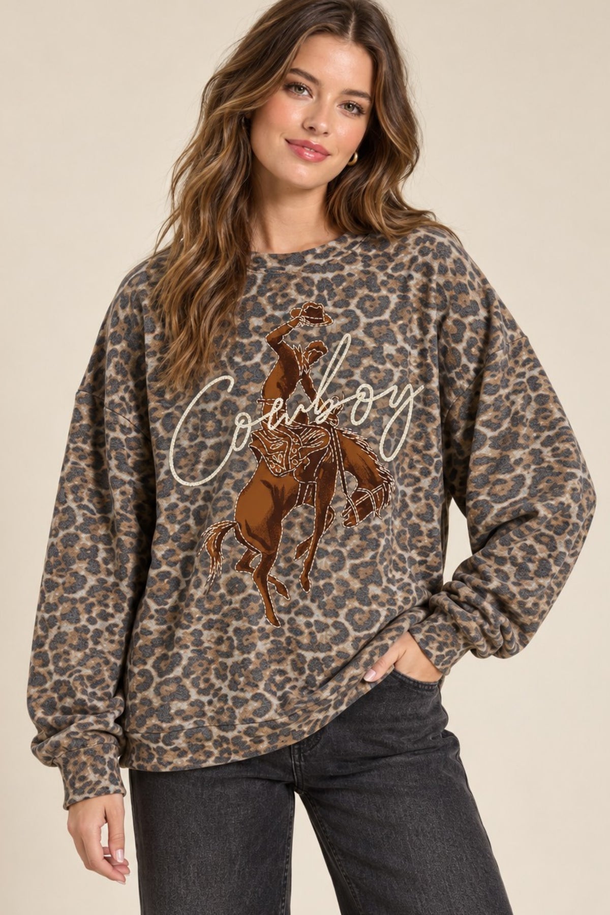 Women’s Western Graphic Sweatshirt – Cowboy Camo or Leopard Print French Terry Pullover