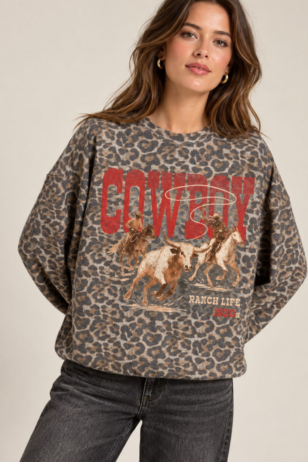 Women’s Western Graphic Sweatshirt – Leopard Cowboy Ranch or Camo Freebird Eagle French Terry Pullover