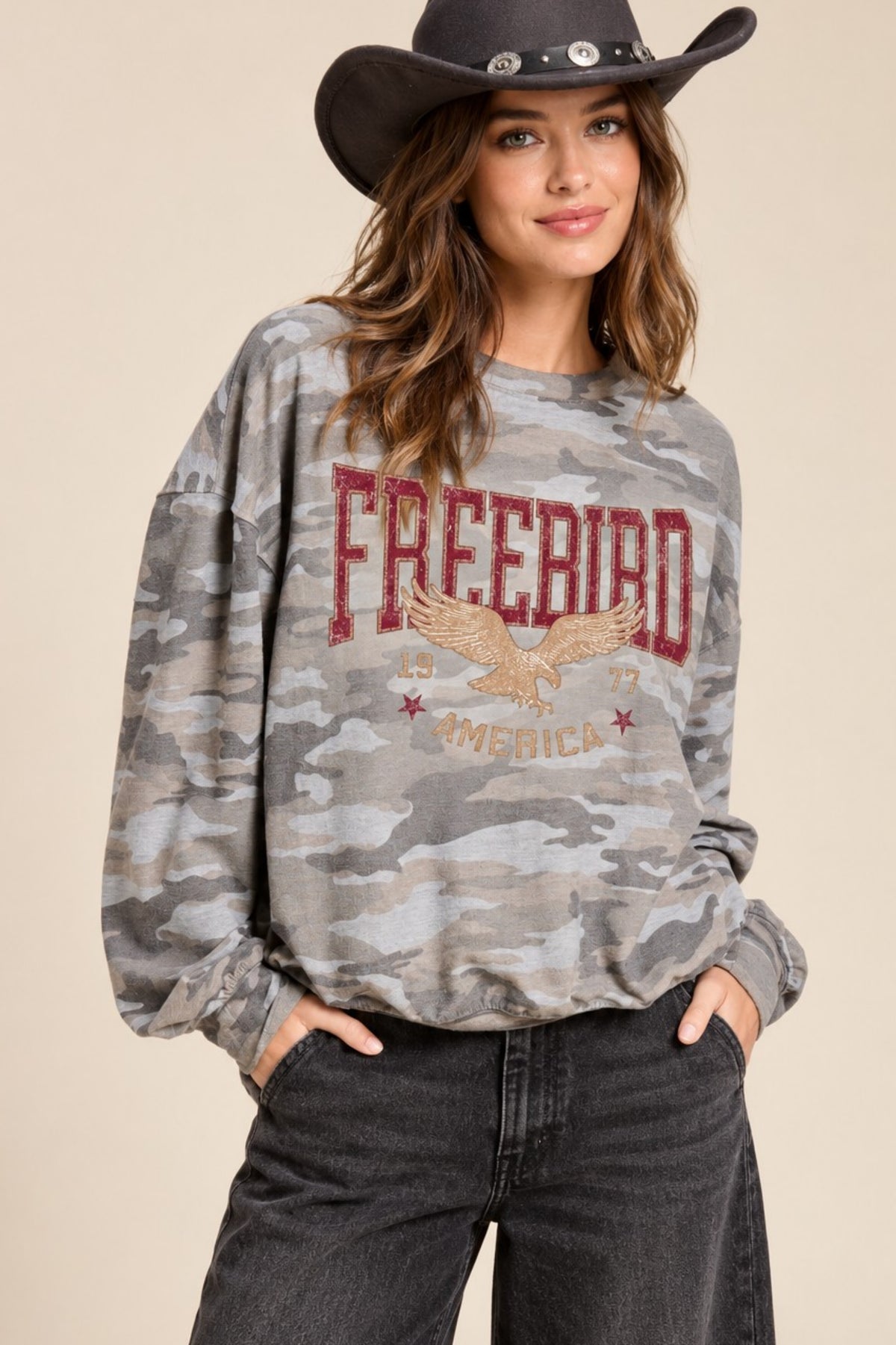 Women’s Western Graphic Sweatshirt – Leopard Cowboy Ranch or Camo Freebird Eagle French Terry Pullover