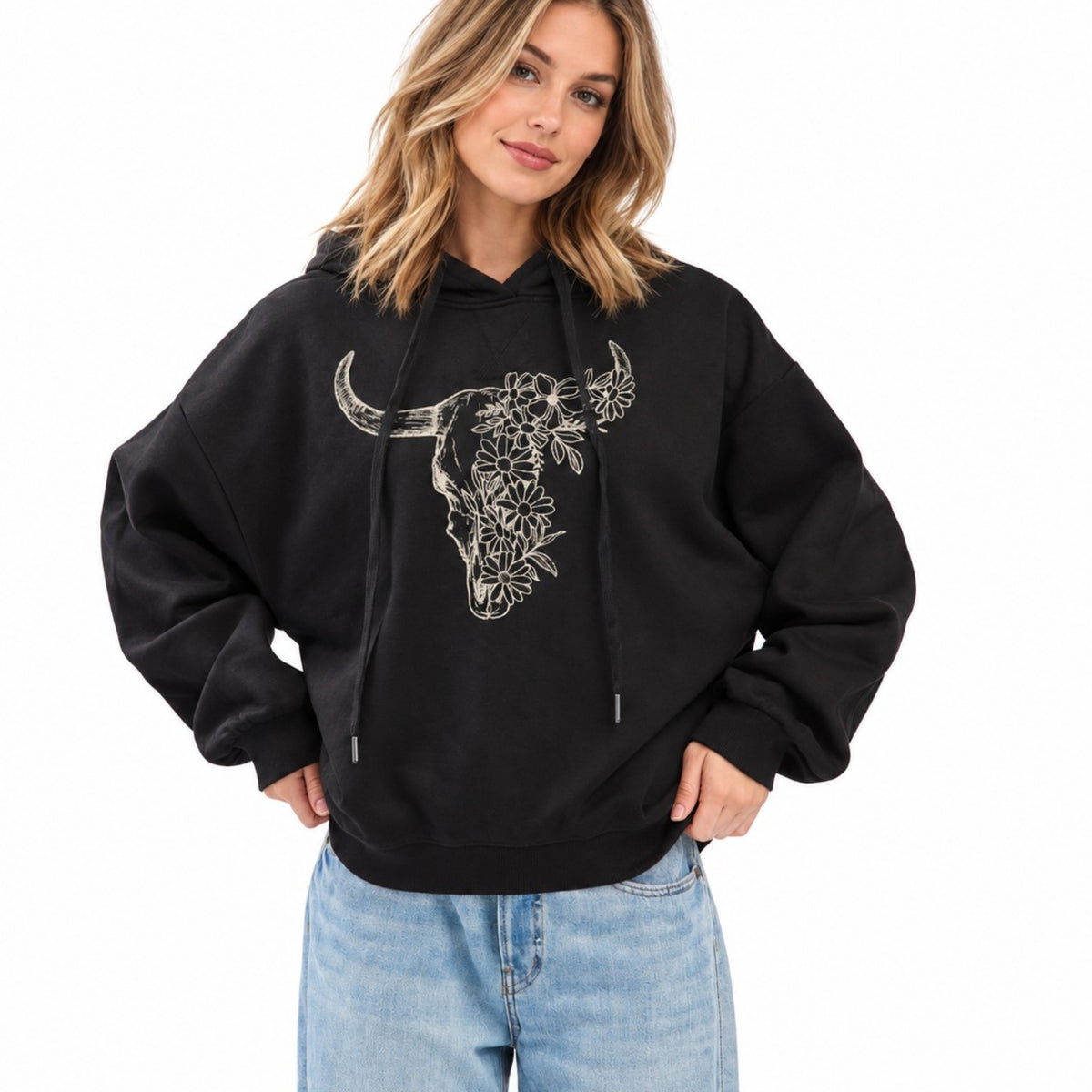 Women’s Floral Longhorn Hoodie – Western Cow Skull Graphic Pullover Sweatshirt, Relaxed Oversized Fit