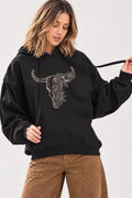 Women’s Floral Longhorn Hoodie – Western Cow Skull Graphic Pullover Sweatshirt, Relaxed Oversized Fit