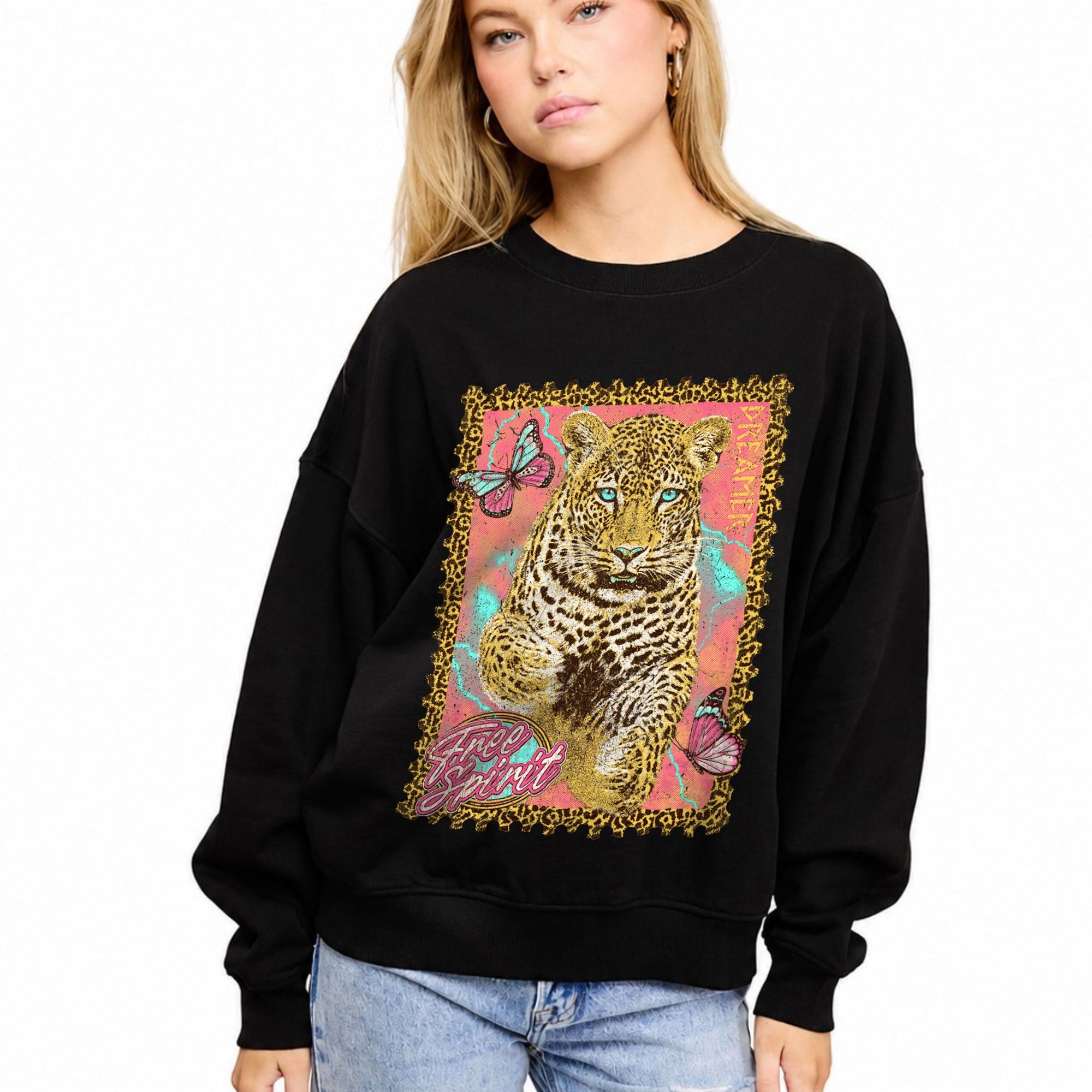 FORYERI Women’s Leopard Graphic Sweatshirt – Oversized Vintage Wildcat Butterfly Pullover Crewneck Top