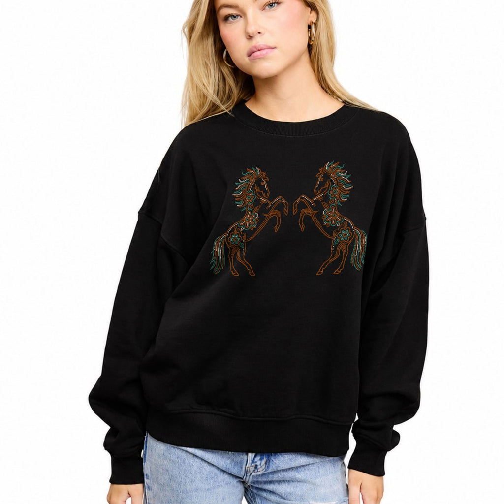 FORYERI Women’s Embroidered Horse Graphic Sweatshirt – Oversized Western Floral Crewneck Pullover