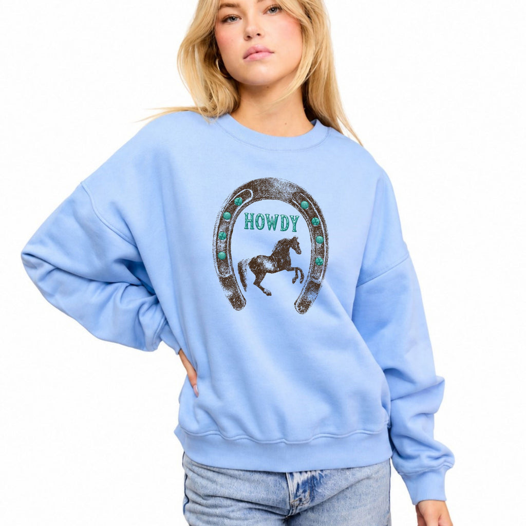 FORYERI Women’s Howdy Horse Graphic Sweatshirt – Oversized Western Horseshoe Crewneck Pullover