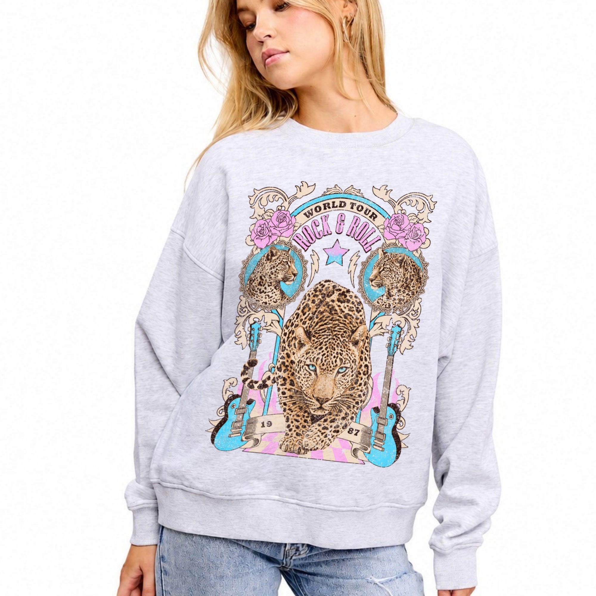 FORYERI Women’s Rock & Roll Leopard Graphic Sweatshirt – Oversized Vintage World Tour Crewneck Pullover