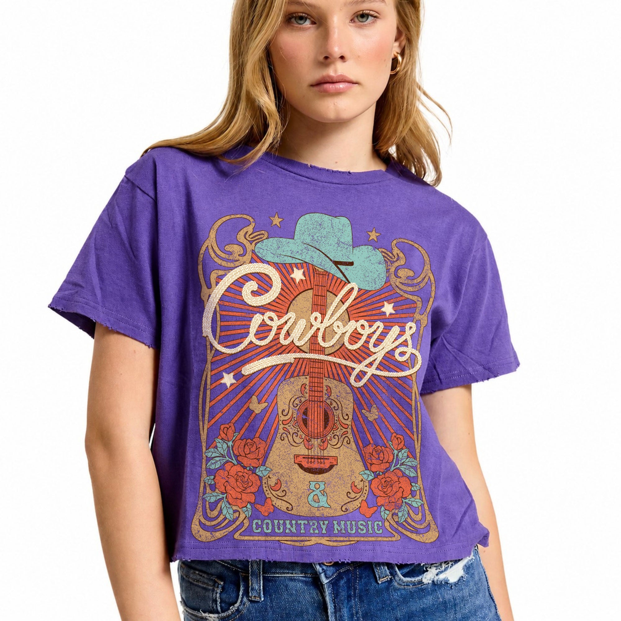 FORYERI Women's Vintage Western Graphic Crop T-Shirt, Raw Edge Cotton Cropped Tee