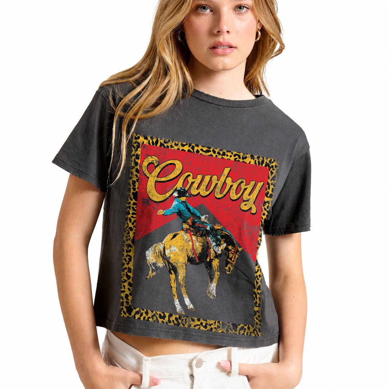 FORYERI Women's Vintage Western Graphic Crop T-Shirt, Raw Edge Cotton Cropped Tee