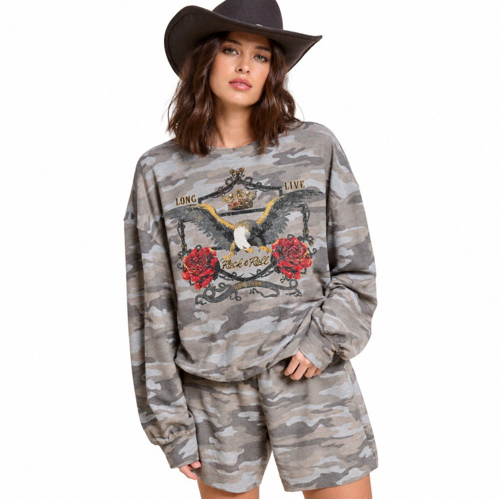 Women’s Western Graphic Sweatshirt – Long Live Eagle Camo or Rodeo Leopard Cowboy French Terry Pullover