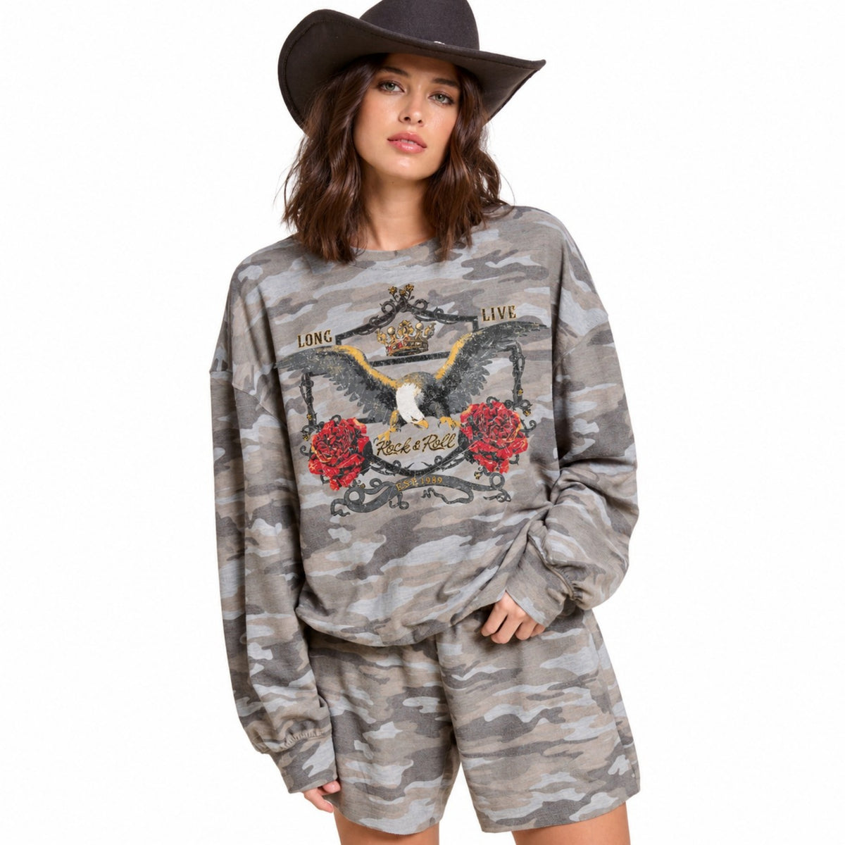 Women’s Western Graphic Sweatshirt – Long Live Eagle Camo or Rodeo Leopard Cowboy French Terry Pullover