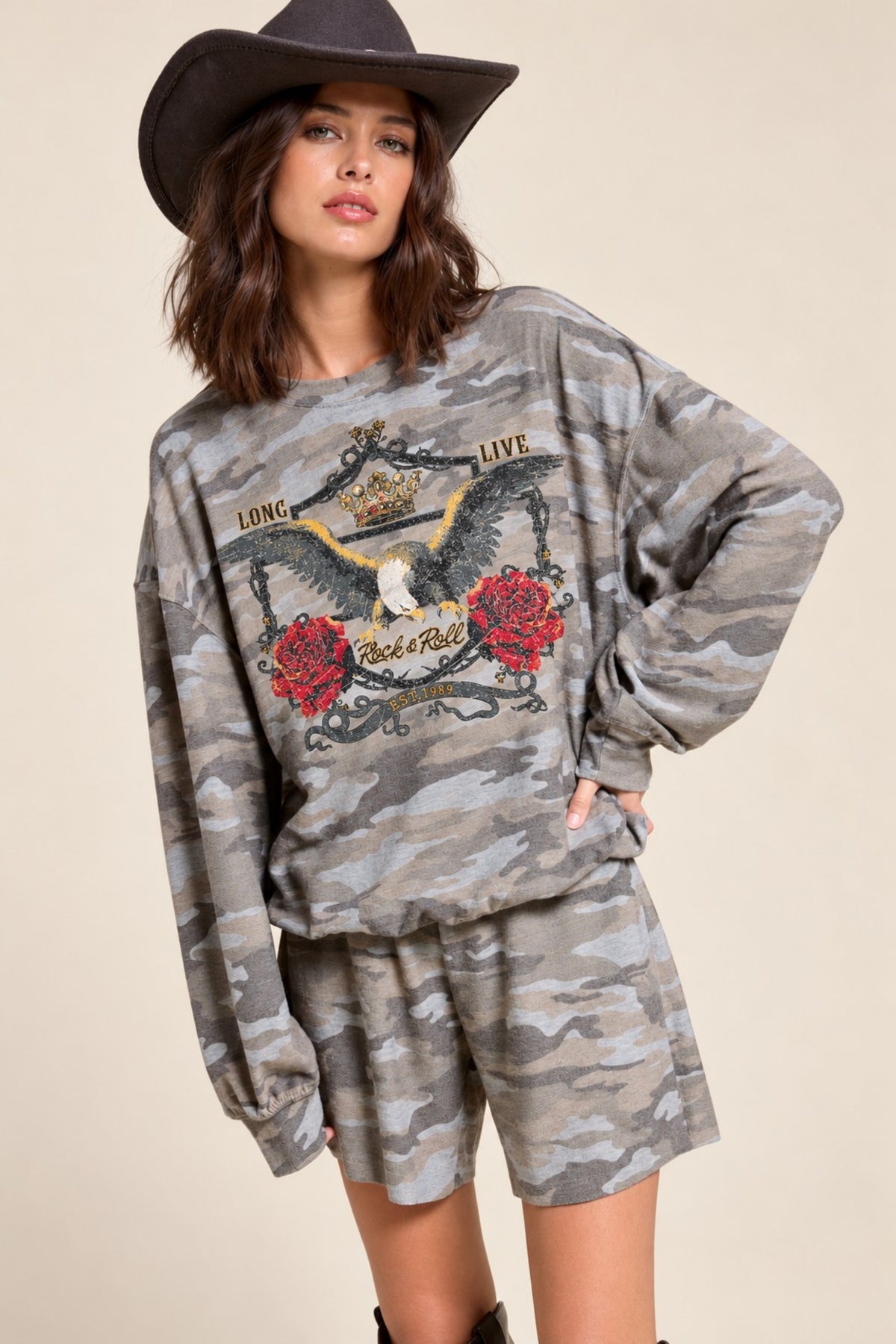 Women’s Western Graphic Sweatshirt – Long Live Eagle Camo or Rodeo Leopard Cowboy French Terry Pullover