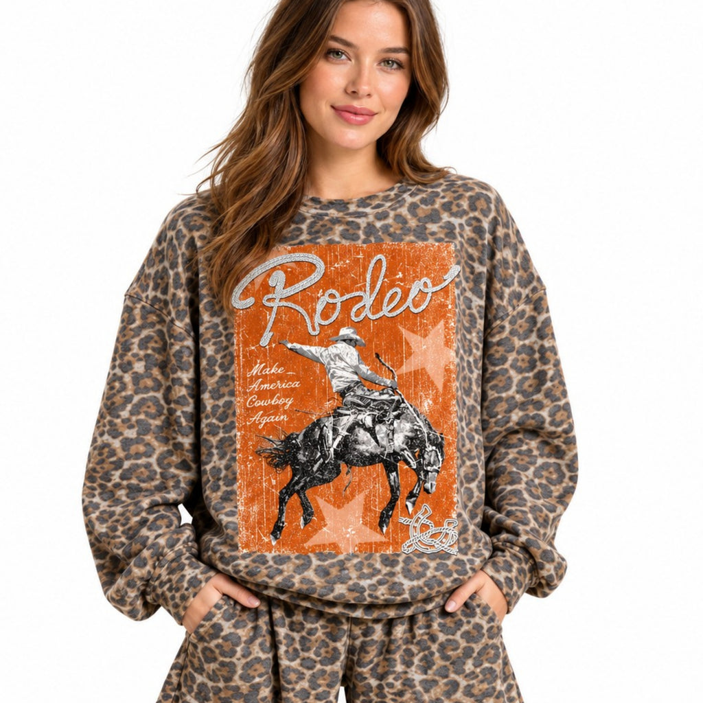 Women’s Western Graphic Sweatshirt – Long Live Eagle Camo or Rodeo Leopard Cowboy French Terry Pullover