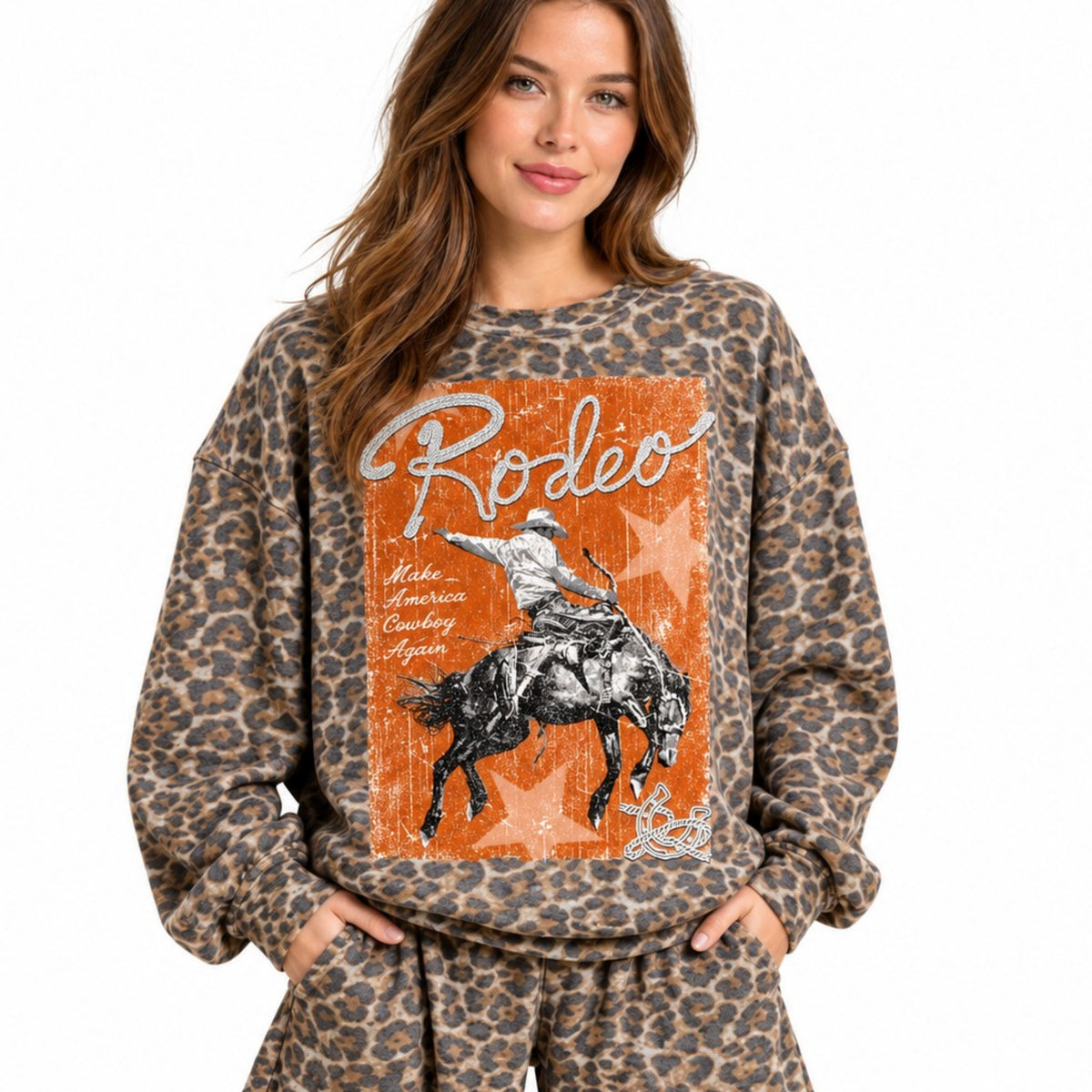 Women’s Western Graphic Sweatshirt – Long Live Eagle Camo or Rodeo Leopard Cowboy French Terry Pullover