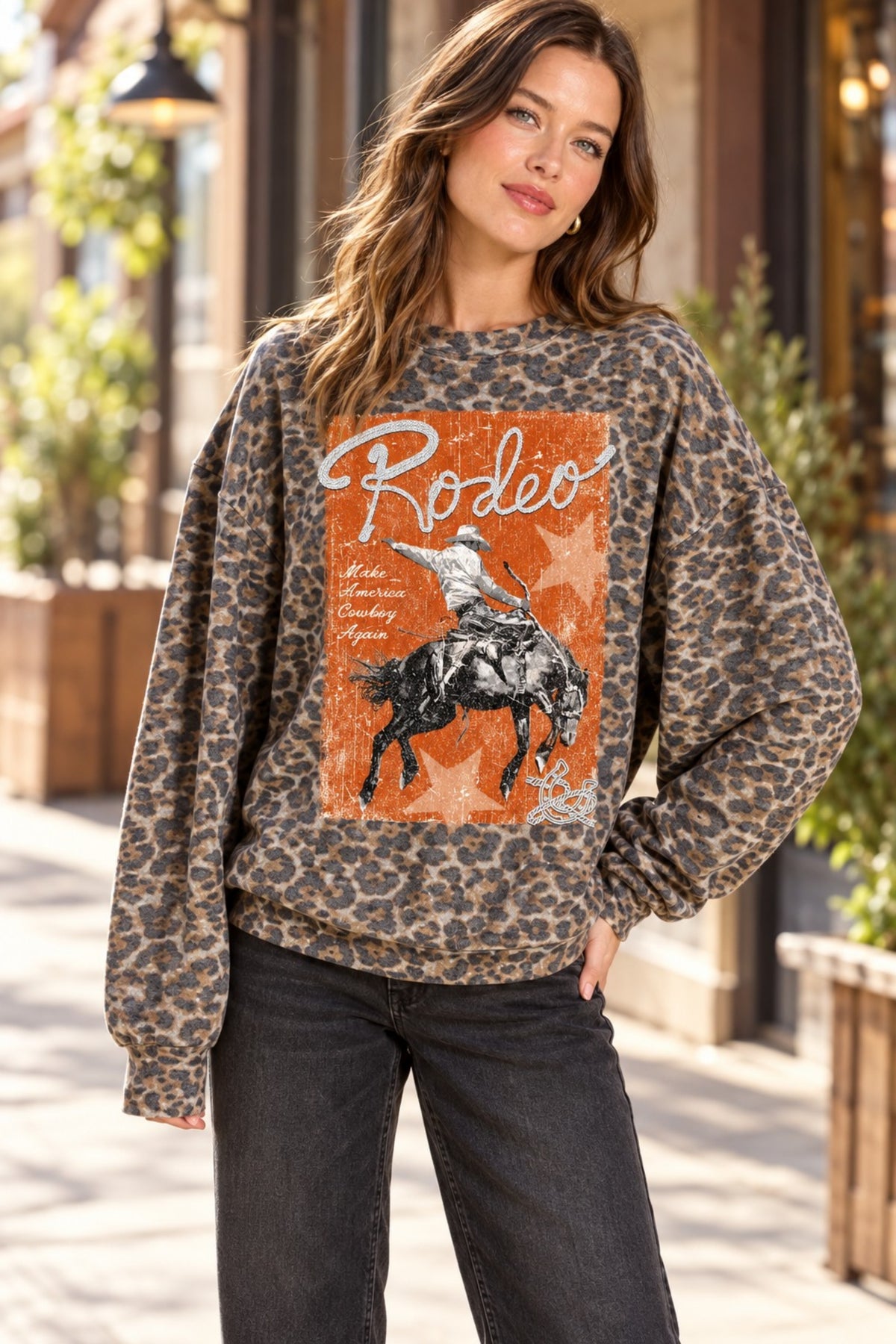 Women’s Western Graphic Sweatshirt – Long Live Eagle Camo or Rodeo Leopard Cowboy French Terry Pullover