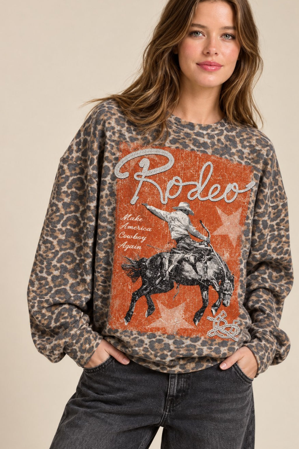 Women’s Western Graphic Sweatshirt – Long Live Eagle Camo or Rodeo Leopard Cowboy French Terry Pullover