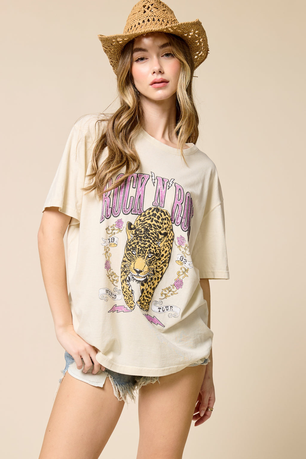 Rock N Roll Leopard Graphic Tee – Vintage Wash Oversized Band Style T-Shirt