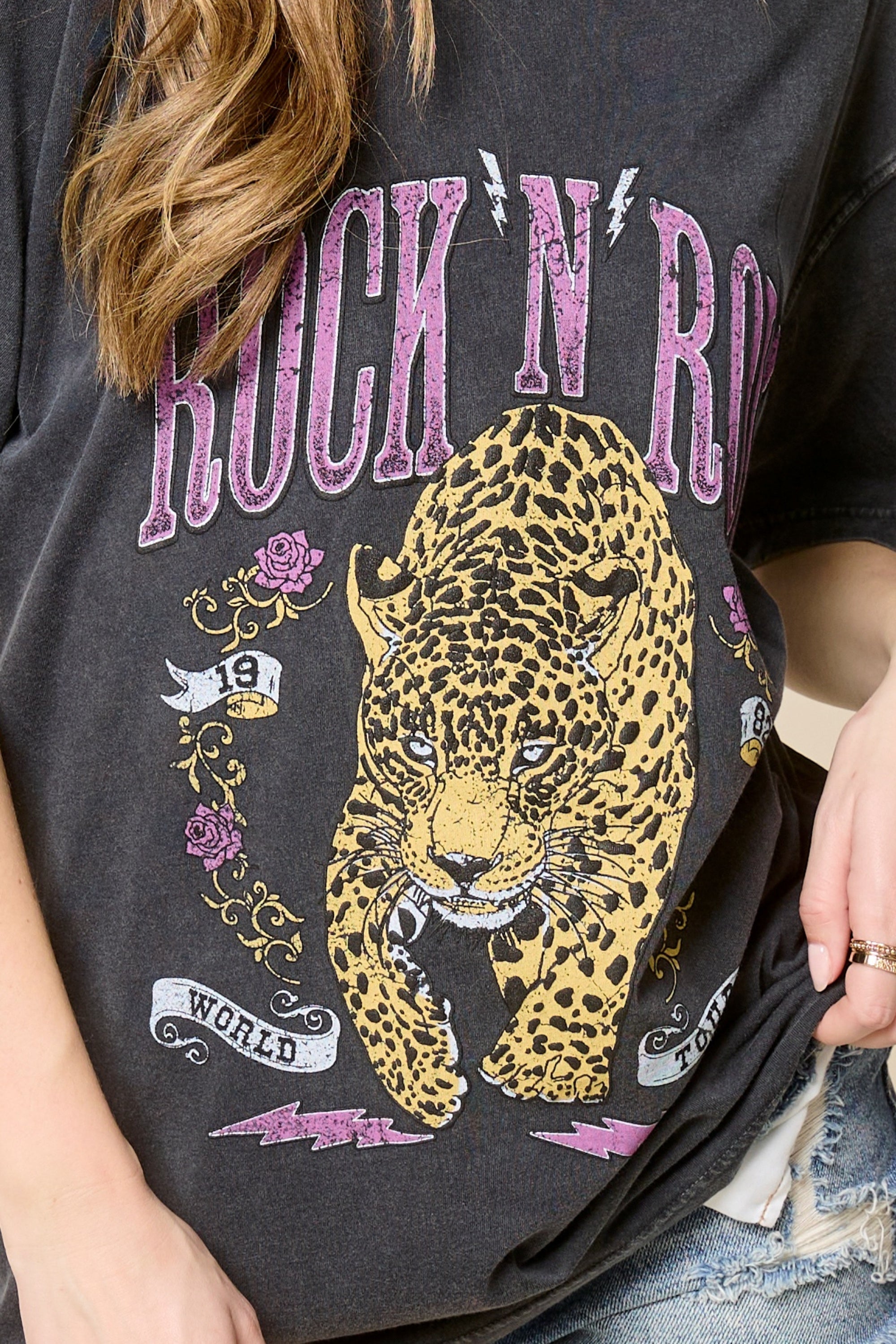 Rock N Roll Leopard Graphic Tee – Vintage Wash Oversized Band Style T-Shirt