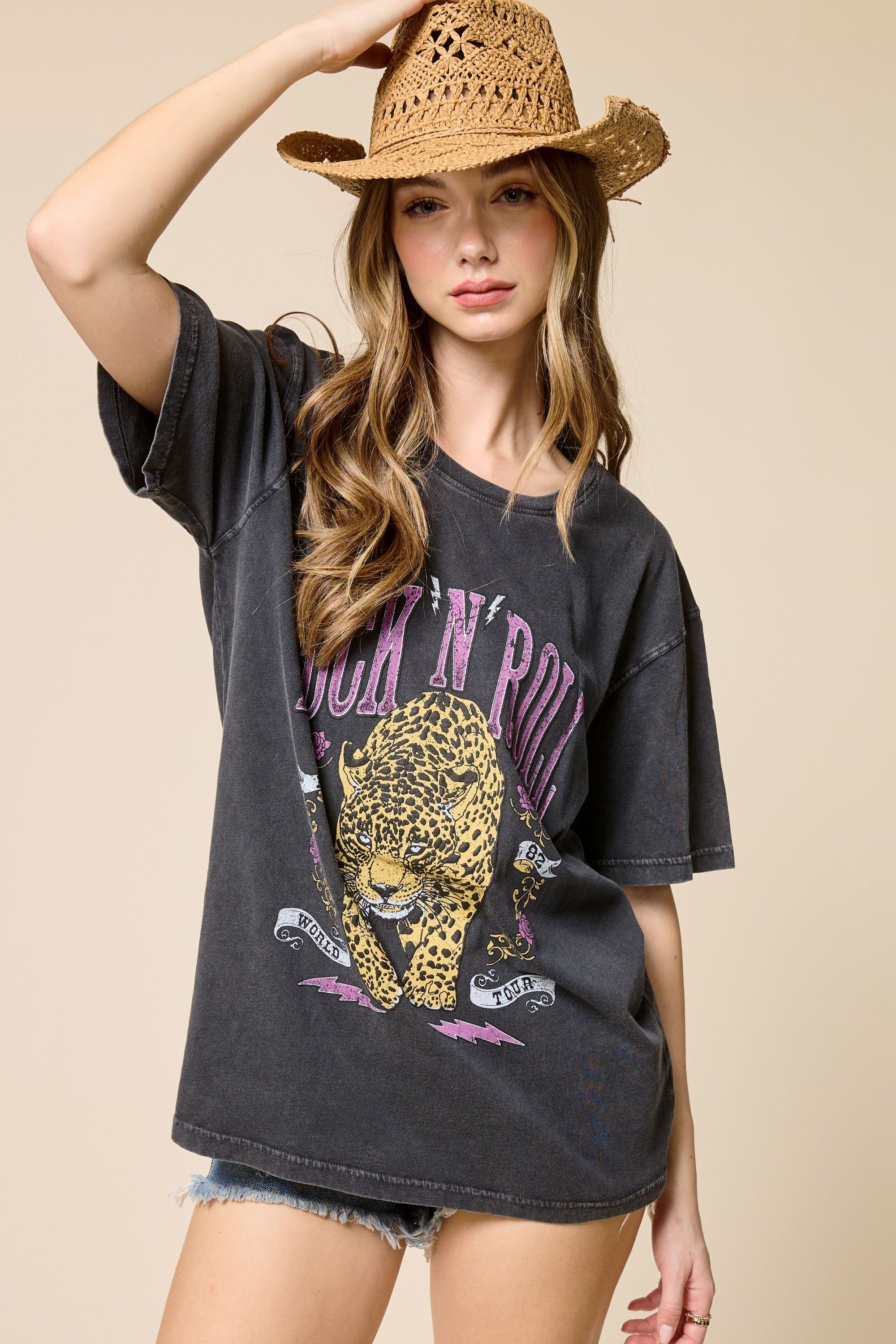 Rock N Roll Leopard Graphic Tee – Vintage Wash Oversized Band Style T-Shirt