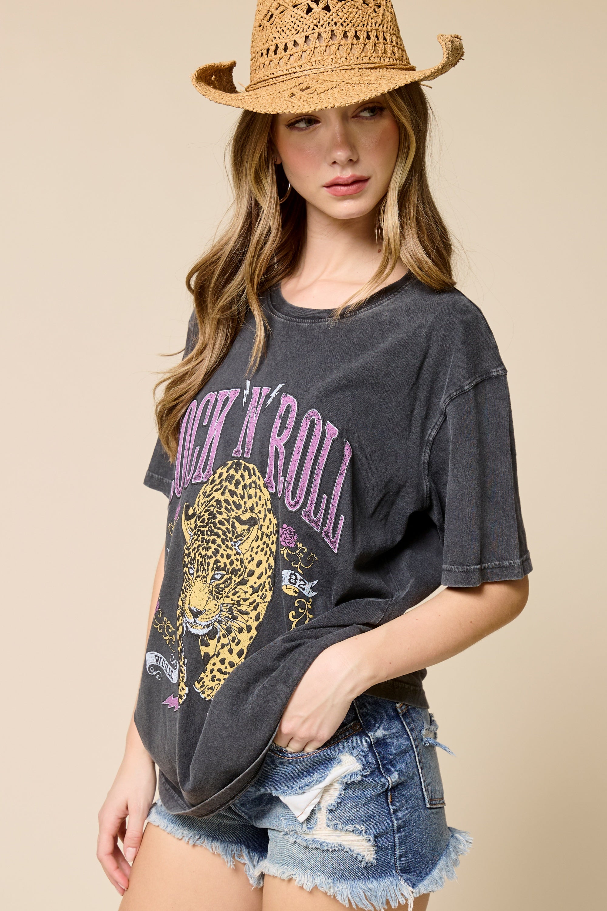 Rock N Roll Leopard Graphic Tee – Vintage Wash Oversized Band Style T-Shirt