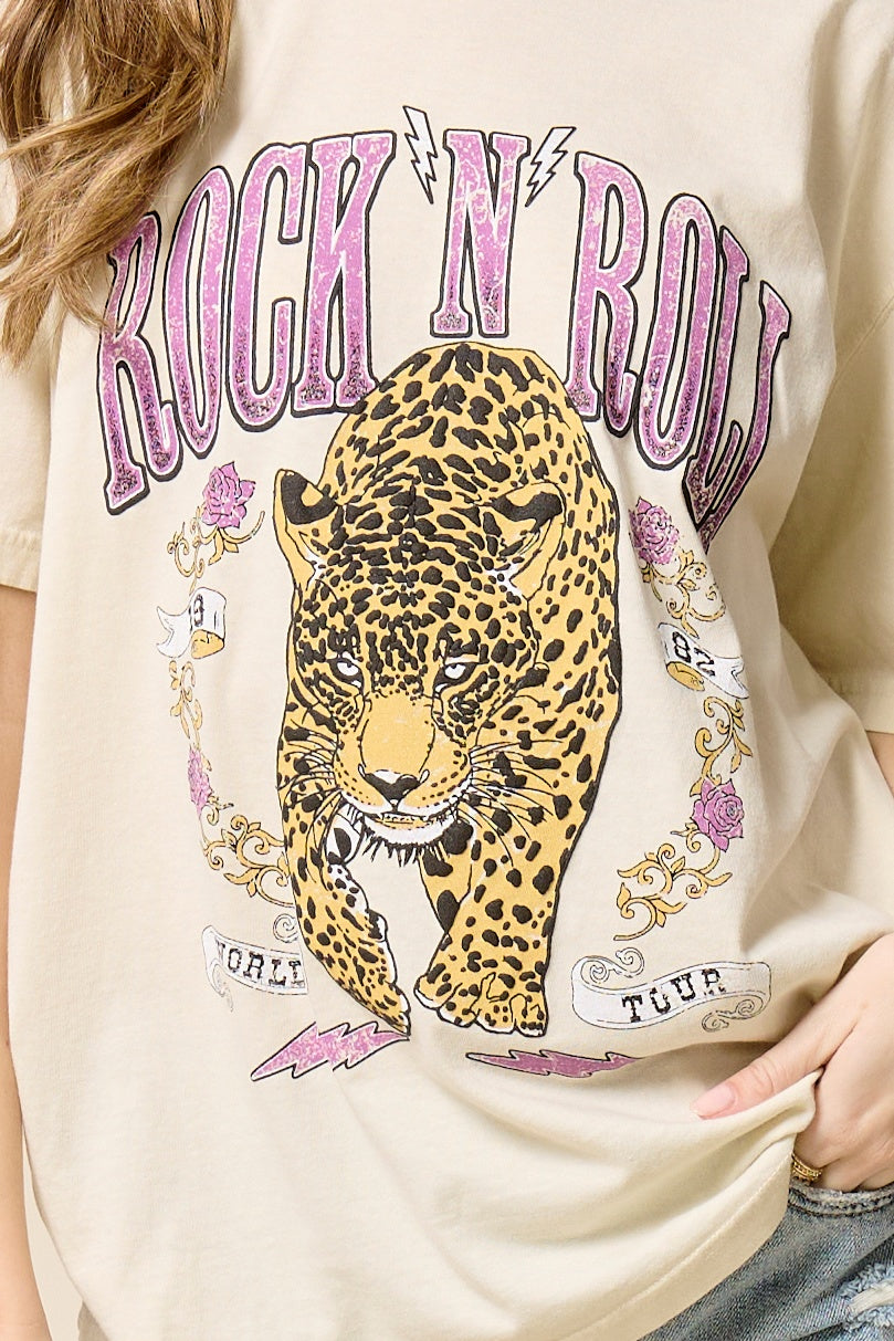 Rock N Roll Leopard Graphic Tee – Vintage Wash Oversized Band Style T-Shirt