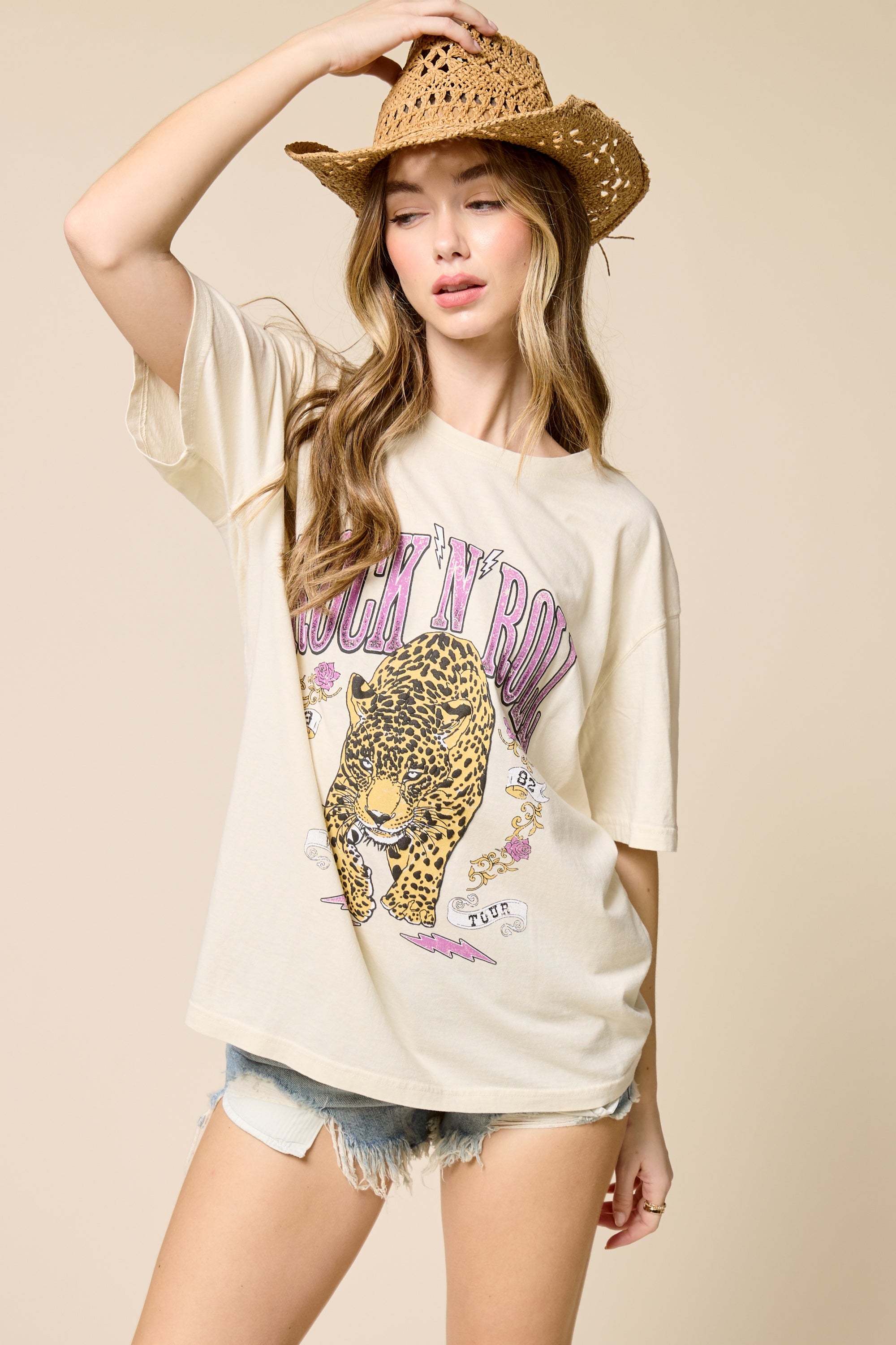 Rock N Roll Leopard Graphic Tee – Vintage Wash Oversized Band Style T-Shirt