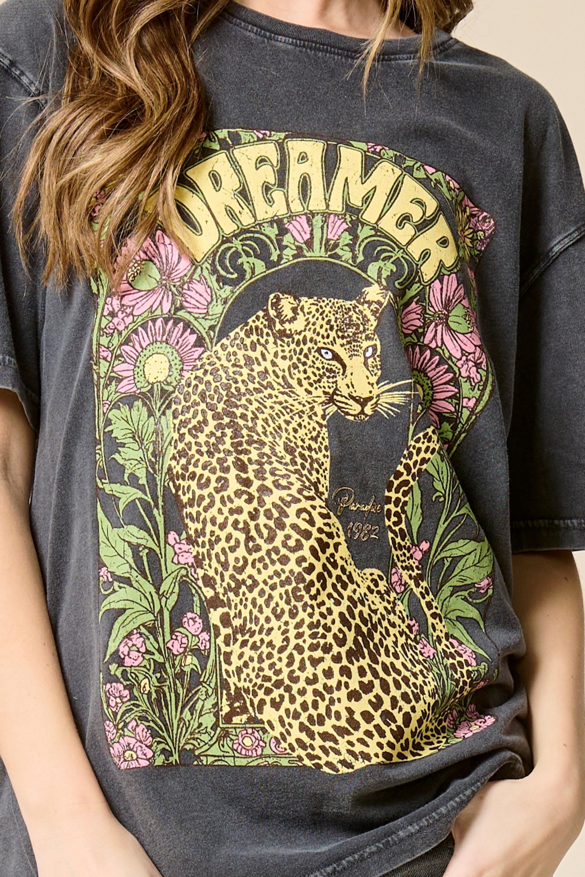 Dreamer Leopard Graphic Tee – Vintage Mineral Wash Oversized Boho Western T-Shirt