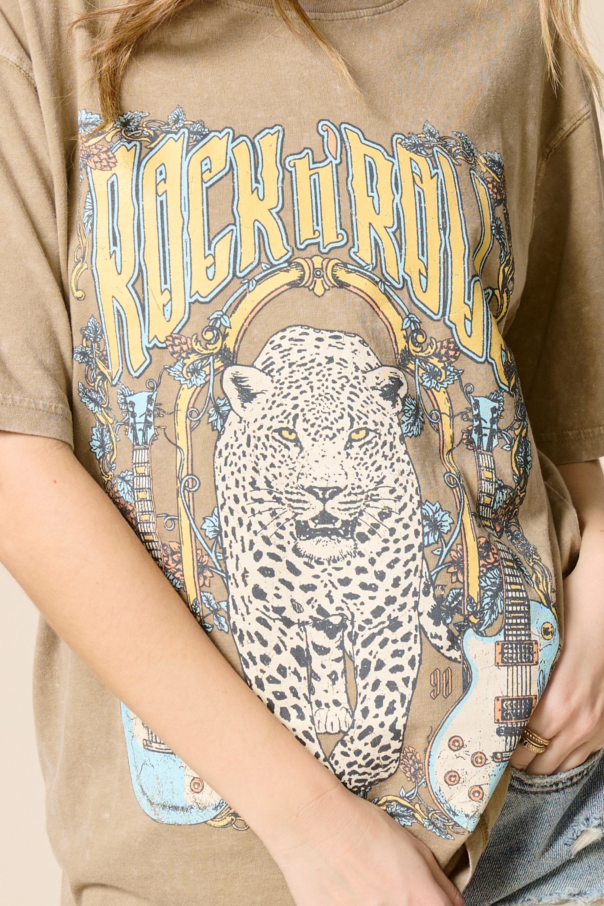 Rock & Roll Leopard Graphic Tee – Vintage Wash Oversized Band Tour Style T-Shirt