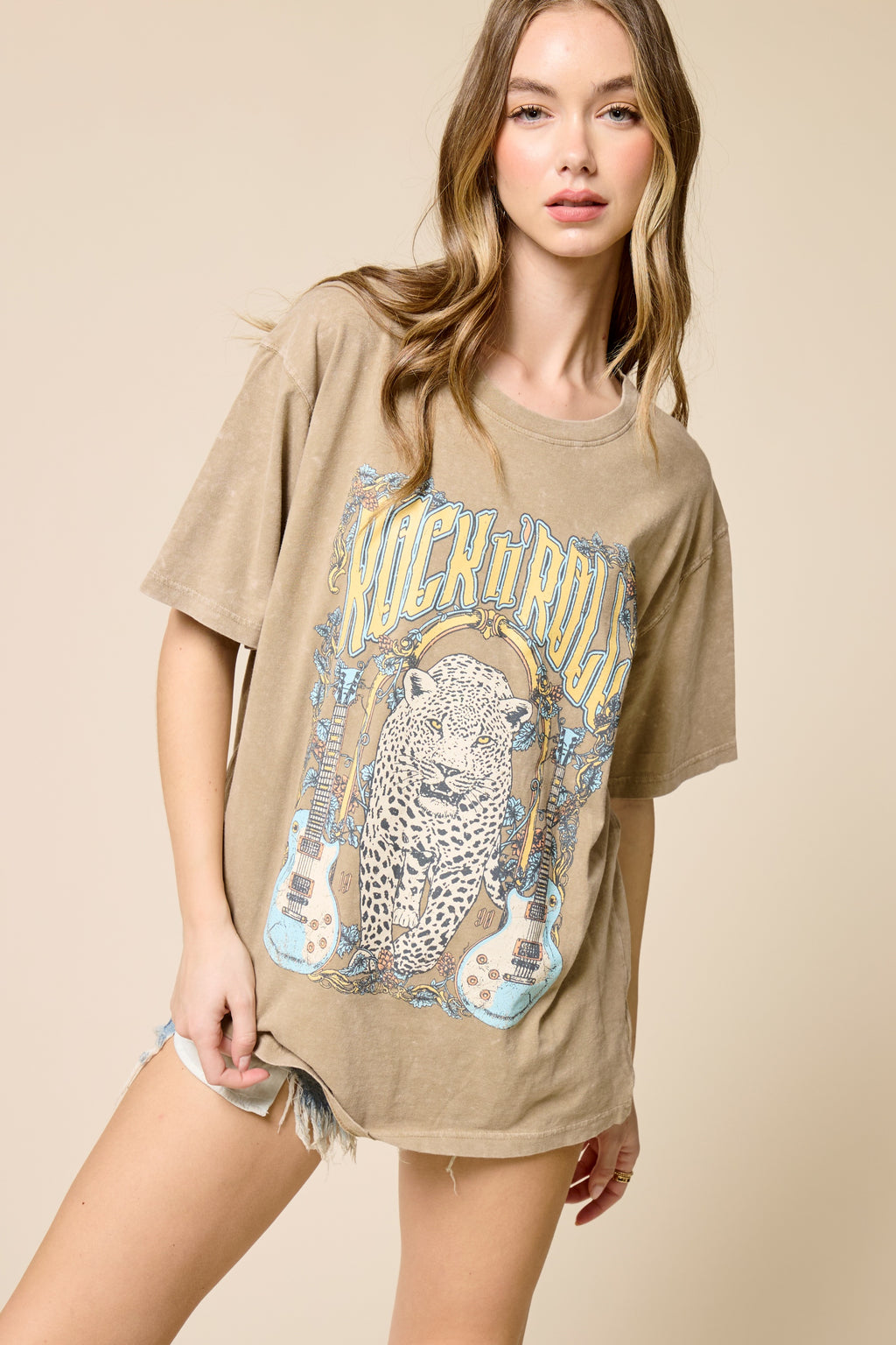 Rock & Roll Leopard Graphic Tee – Vintage Wash Oversized Band Tour Style T-Shirt