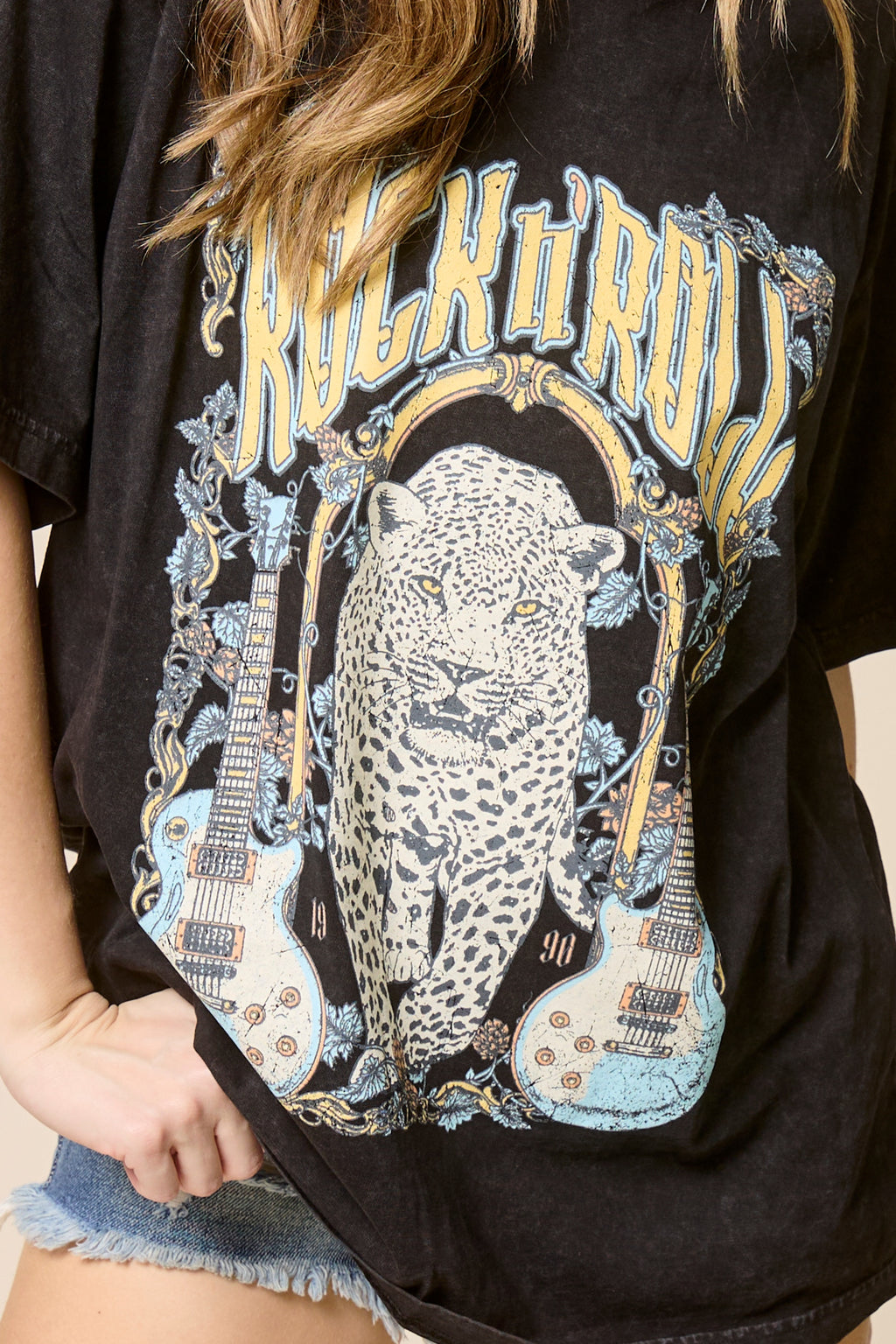 Rock & Roll Leopard Graphic Tee – Vintage Wash Oversized Band Tour Style T-Shirt
