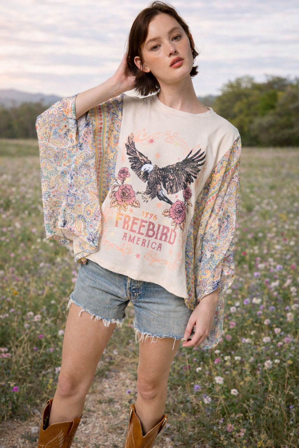 Boho Western Graphic Kimono Sleeve Top – Vintage Oversized Statement Tee