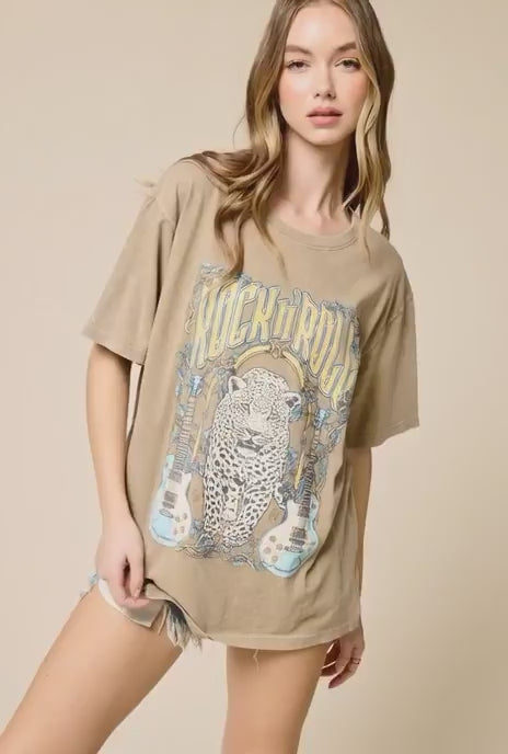 Rock & Roll Leopard Graphic Tee – Vintage Wash Oversized Band Tour Style T-Shirt