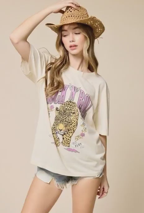 Rock N Roll Leopard Graphic Tee – Vintage Wash Oversized Band Style T-Shirt