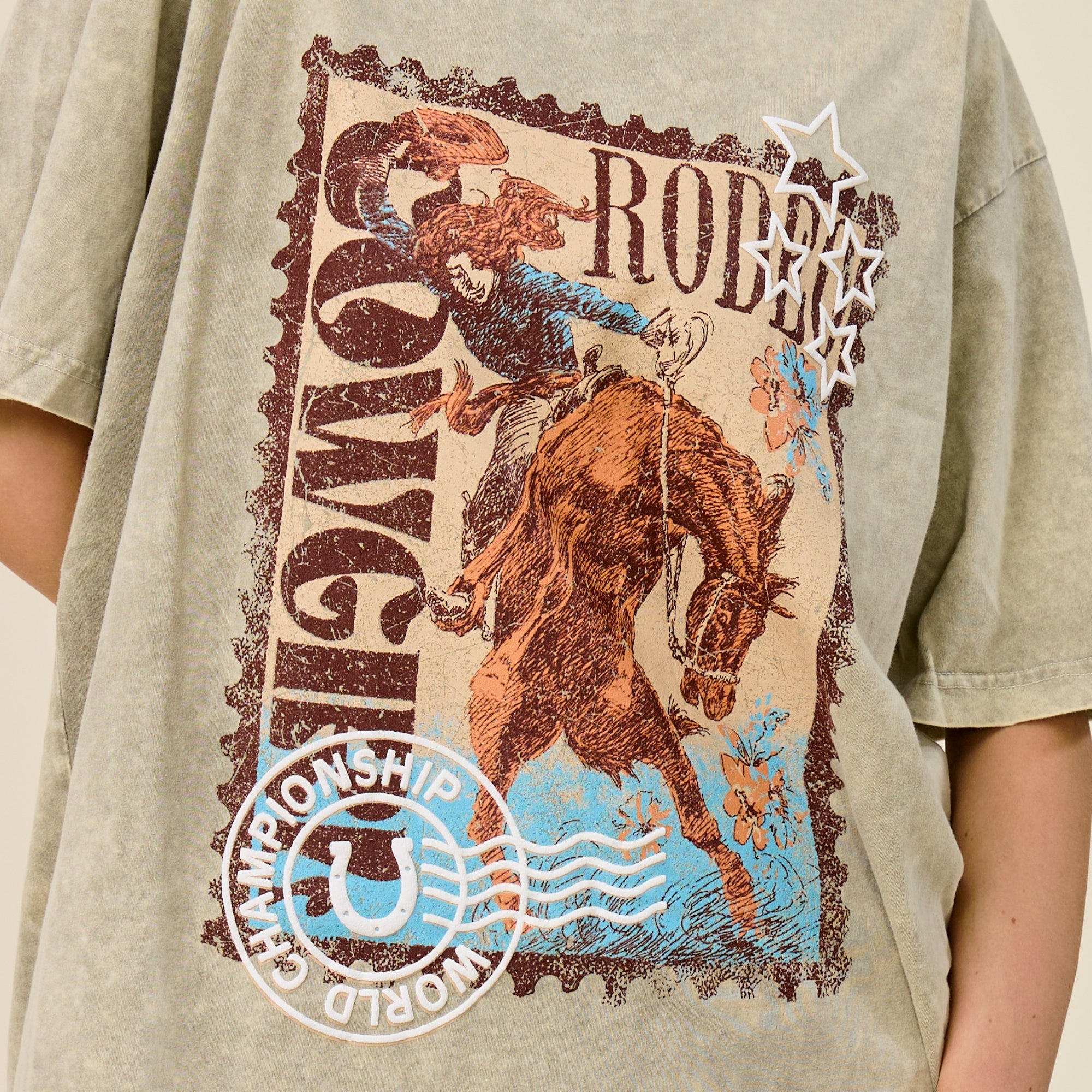 Vintage Rodeo Cowgirl Oversized Graphic Tee for Women – Mineral Washed Western T-Shirt