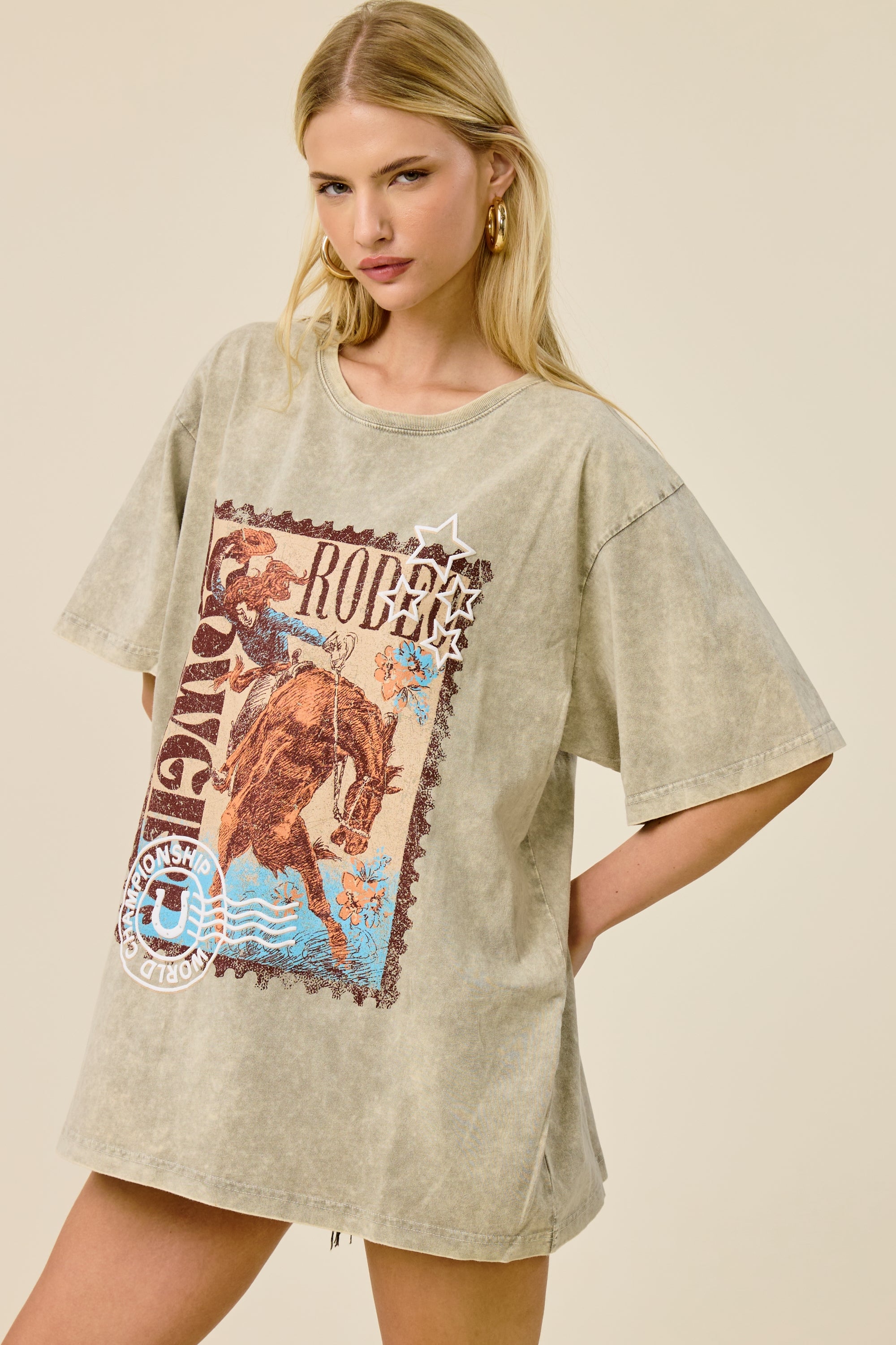 Vintage Rodeo Cowgirl Oversized Graphic Tee for Women – Mineral Washed Western T-Shirt