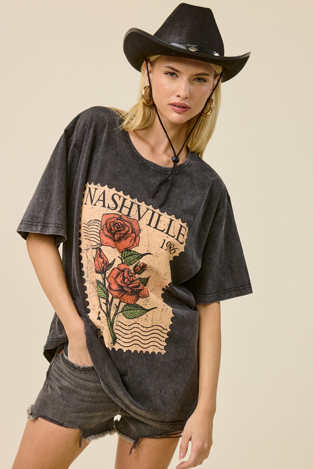 Vintage Nashville Rose Stamp Oversized Graphic Tee