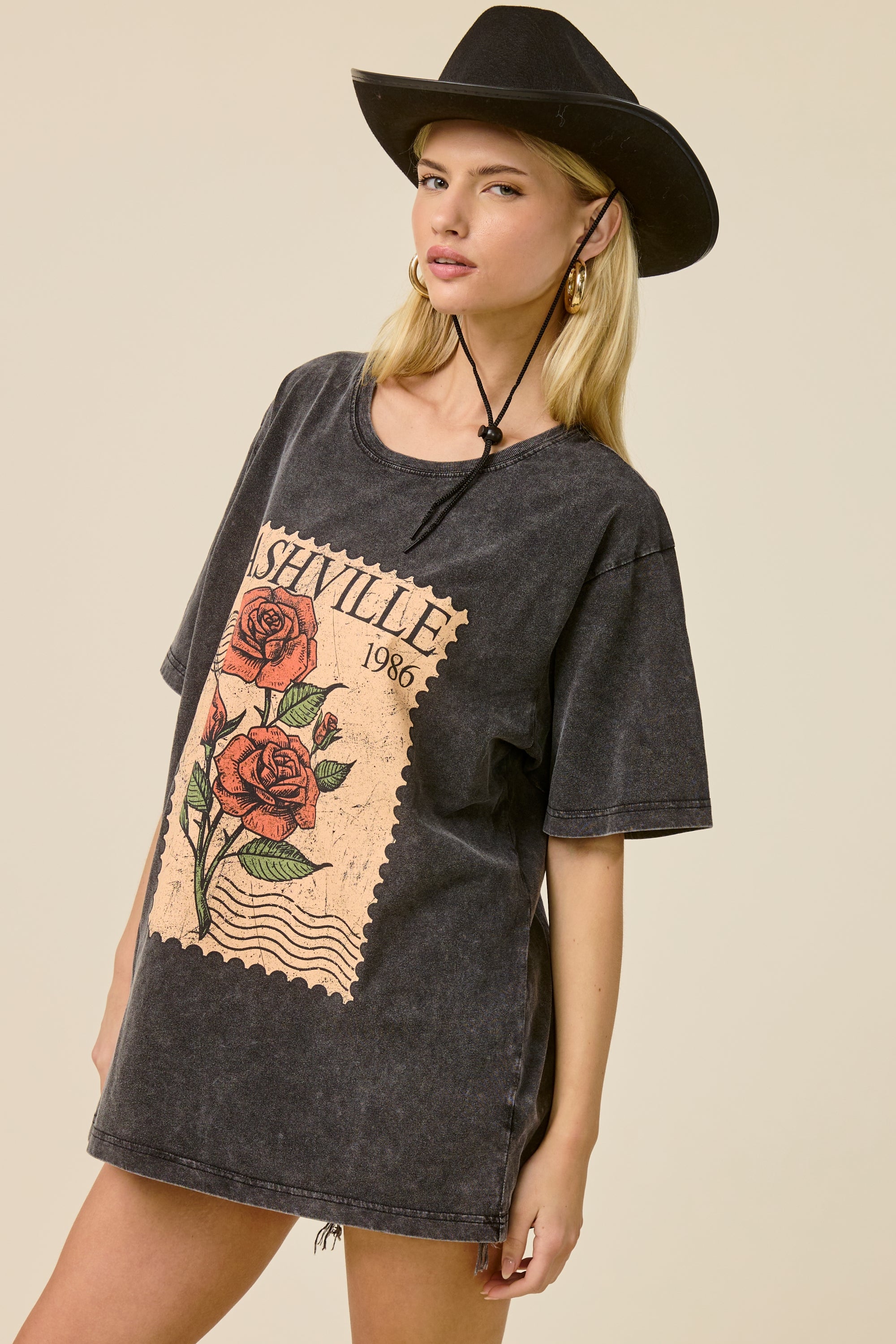 Vintage Nashville Rose Stamp Oversized Graphic Tee