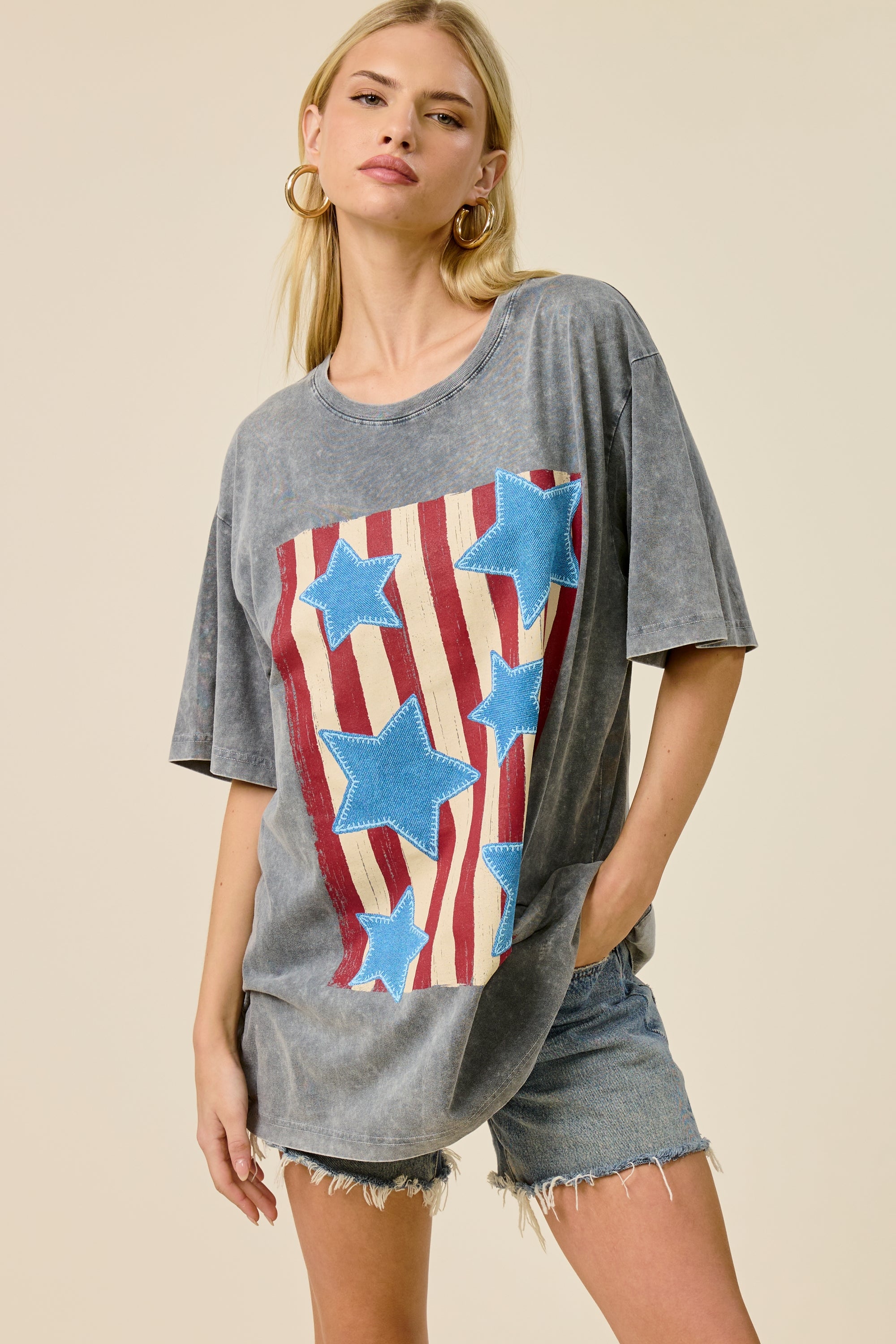 Vintage American Flag Stars Oversized Graphic Tee