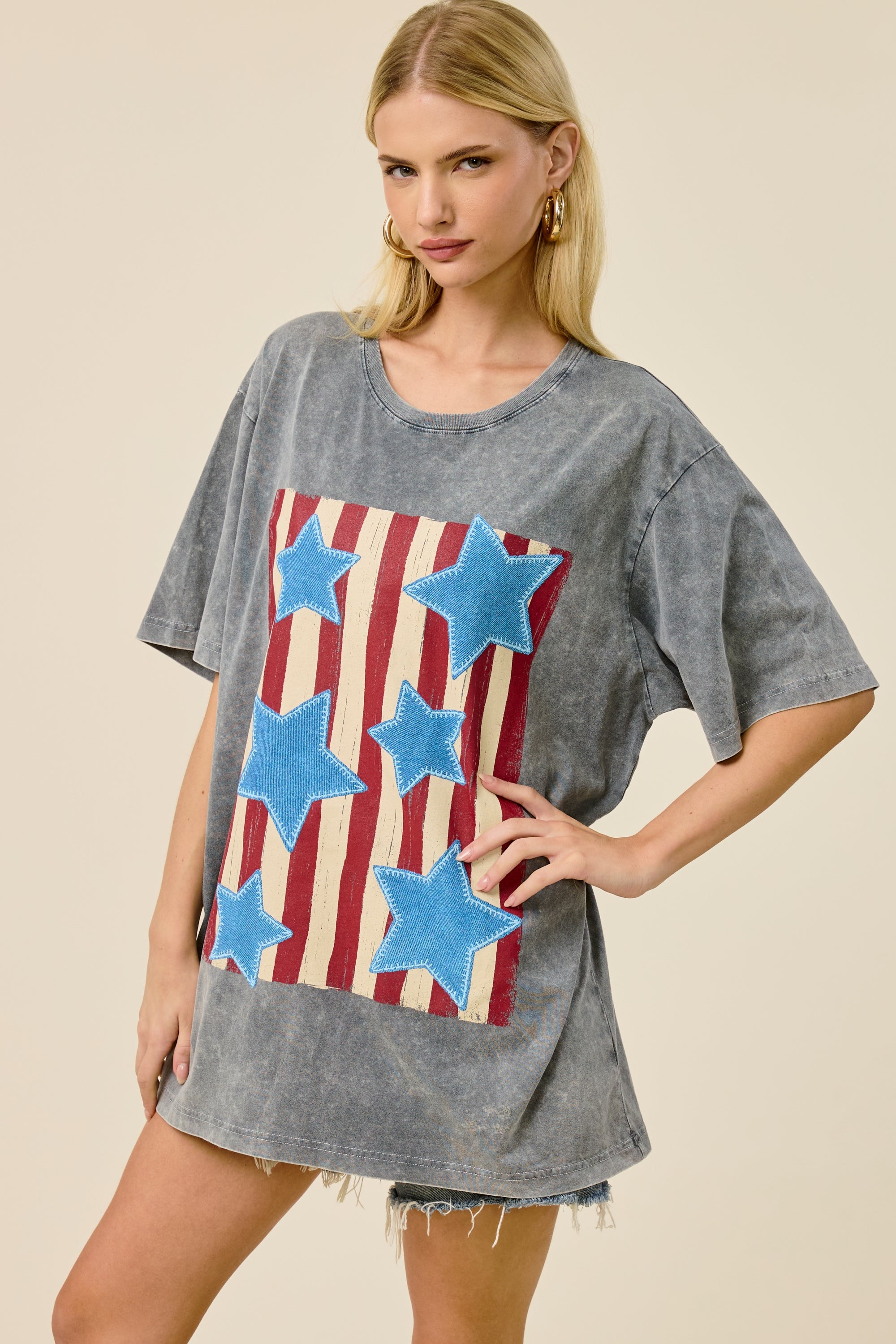 Vintage American Flag Stars Oversized Graphic Tee