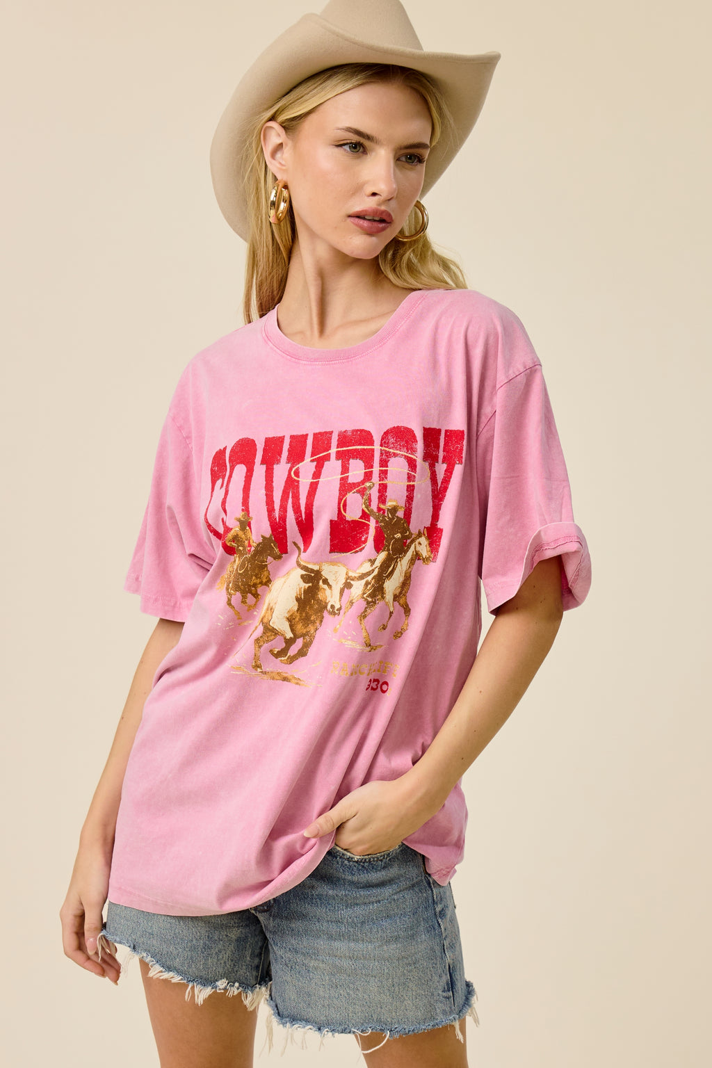 Pink Cowboy Western Oversized Graphic Tee
