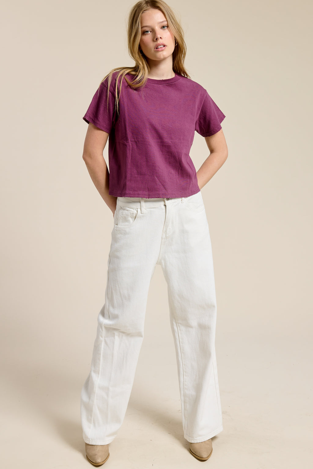 FORYERI Womens Raw Edge Crop Tee, Vintage Washed Cotton T Shirt, Grinding Detail Neck & Hem, Seamless Everyday Basic Top
