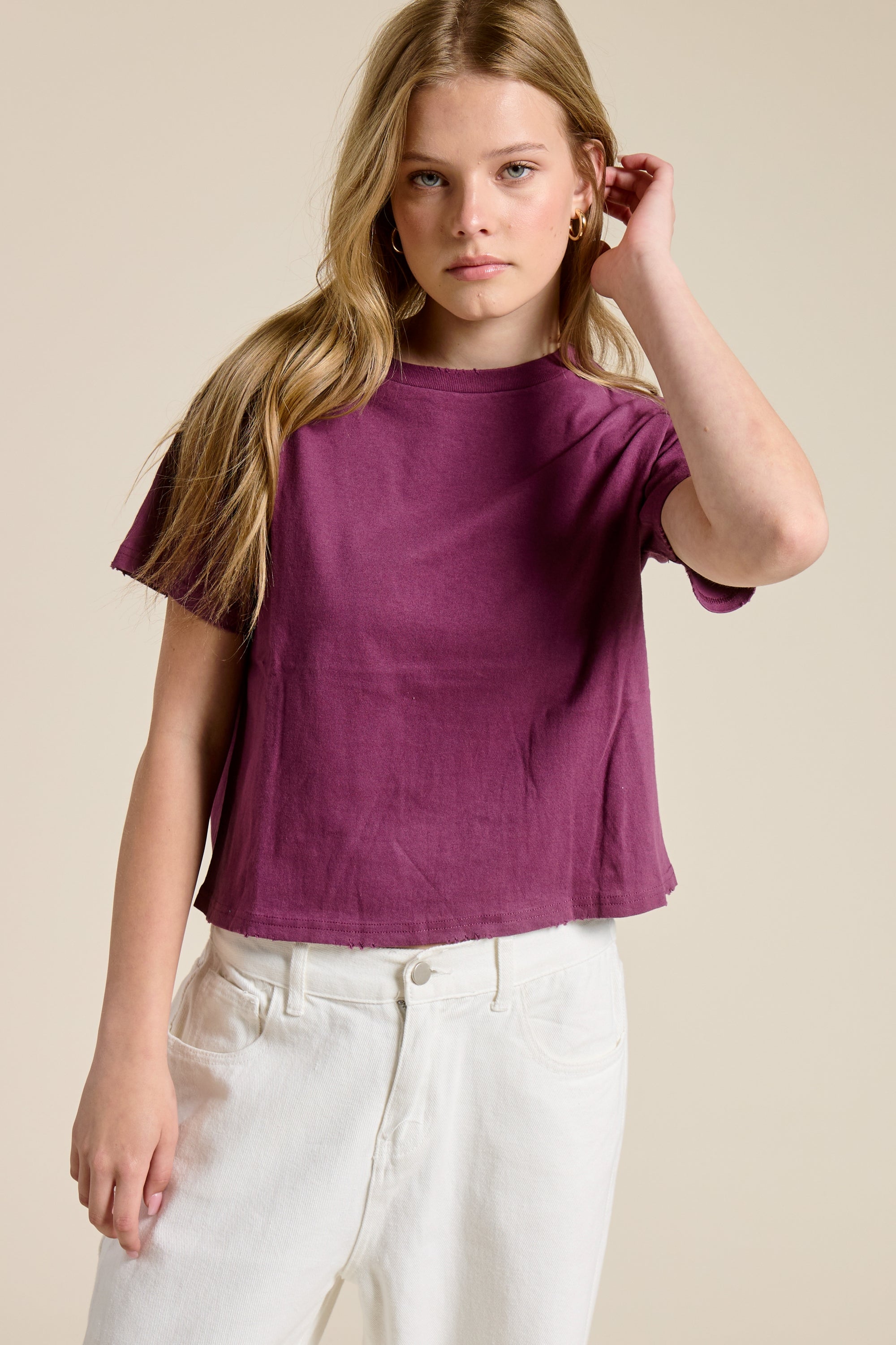 FORYERI Womens Raw Edge Crop Tee, Vintage Washed Cotton T Shirt, Grinding Detail Neck & Hem, Seamless Everyday Basic Top